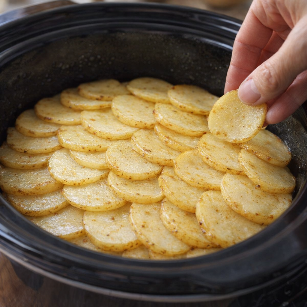 Potato slices layered inside a slow cooker before cooking