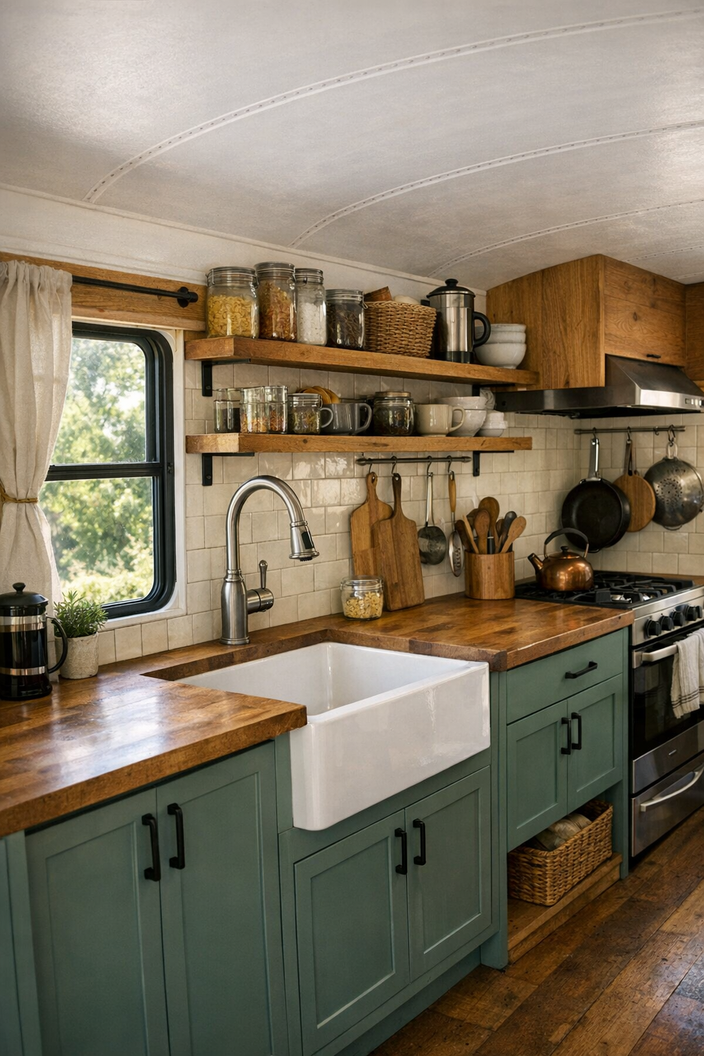 Compact galley kitchen in a converted bus with butcher block counters and open shelving