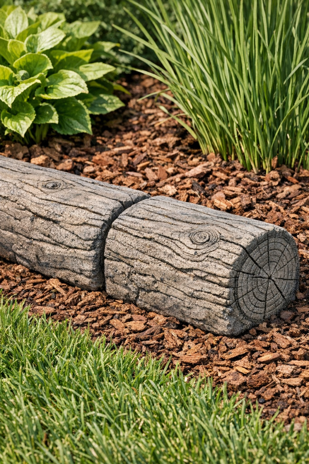 Finished cement yard border logs installed along a garden bed