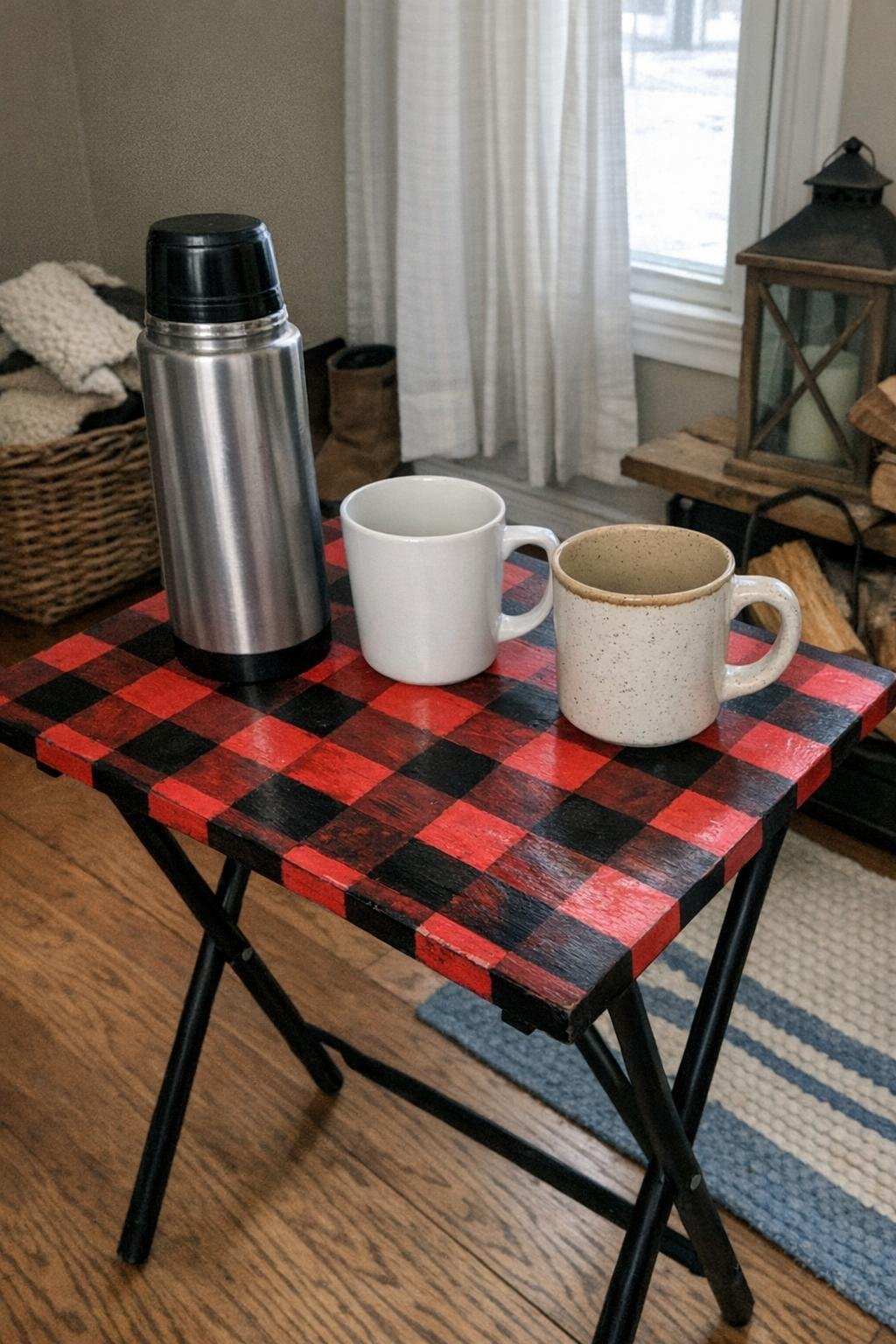 Plaid hot-cocoa station on a TV tray