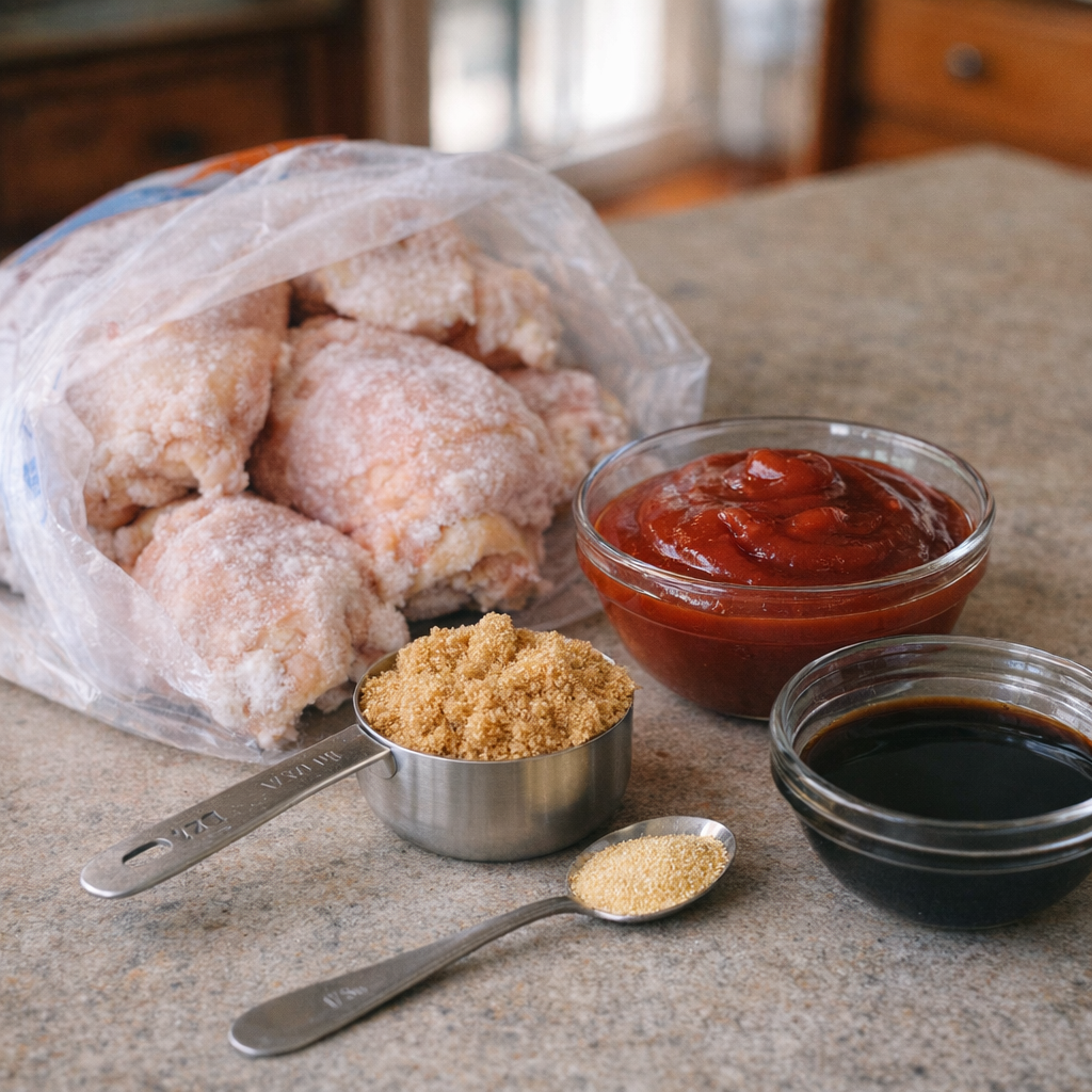Simple ingredients for slow cooker chicken arranged on a kitchen counter