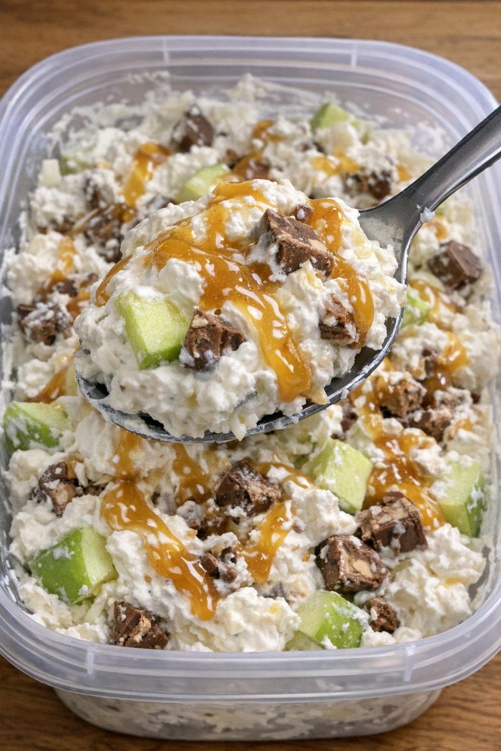 Apple salad in whipped topping with candy pieces and caramel