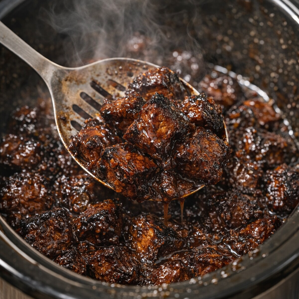 Tender burnt ends being stirred in thick sauce