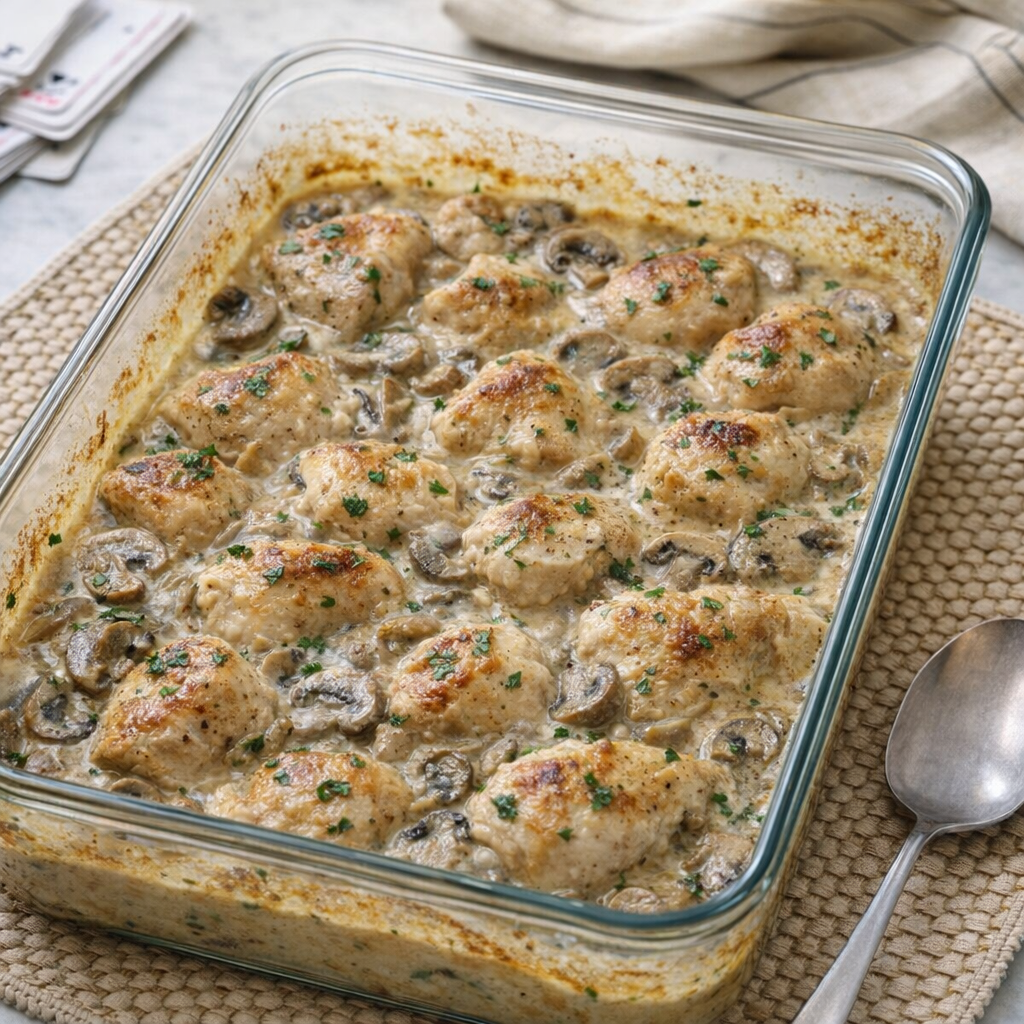 Creamy chicken stroganoff bake in a glass casserole dish