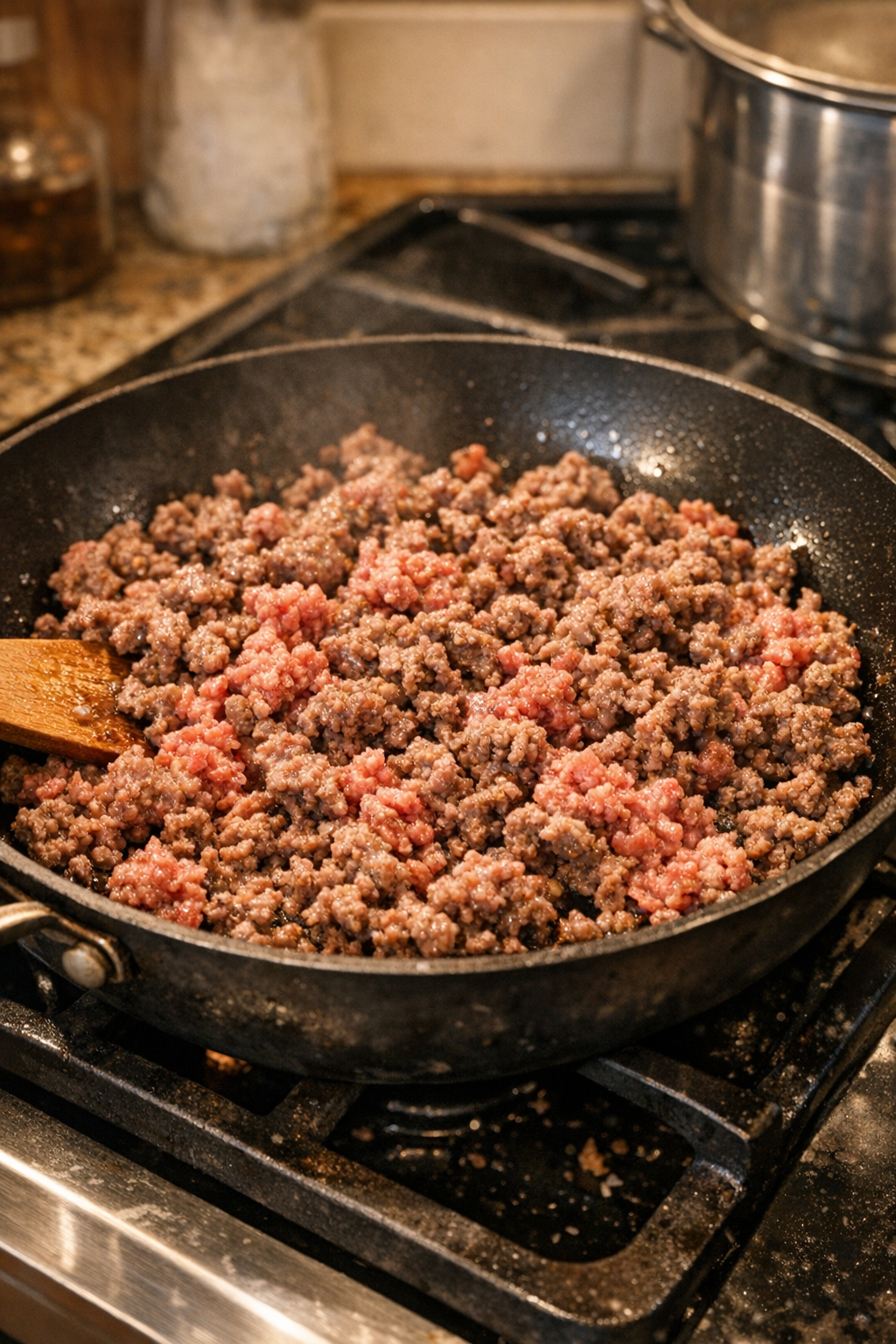 Ground beef browning in a skillet