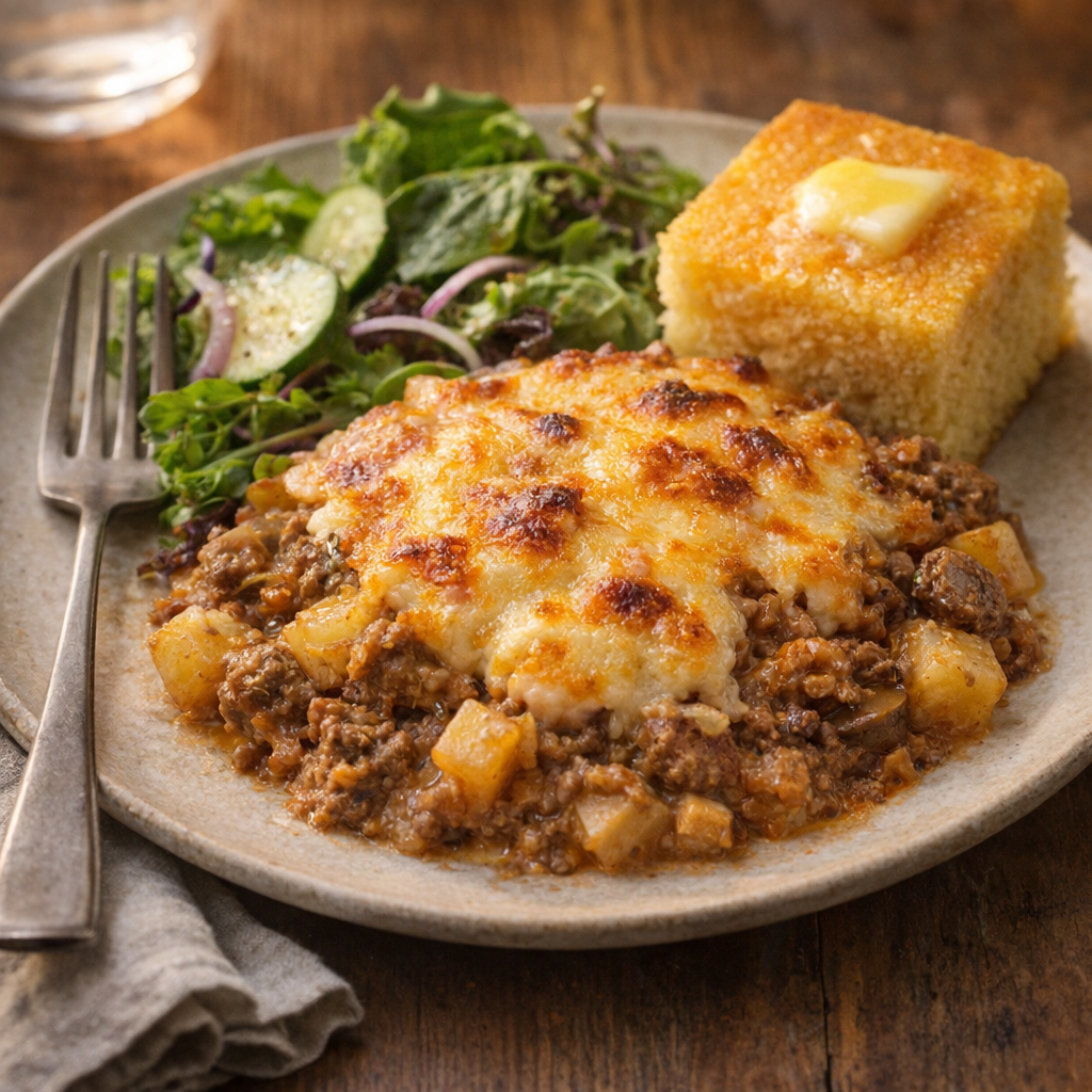 Cowboy casserole served with salad and cornbread