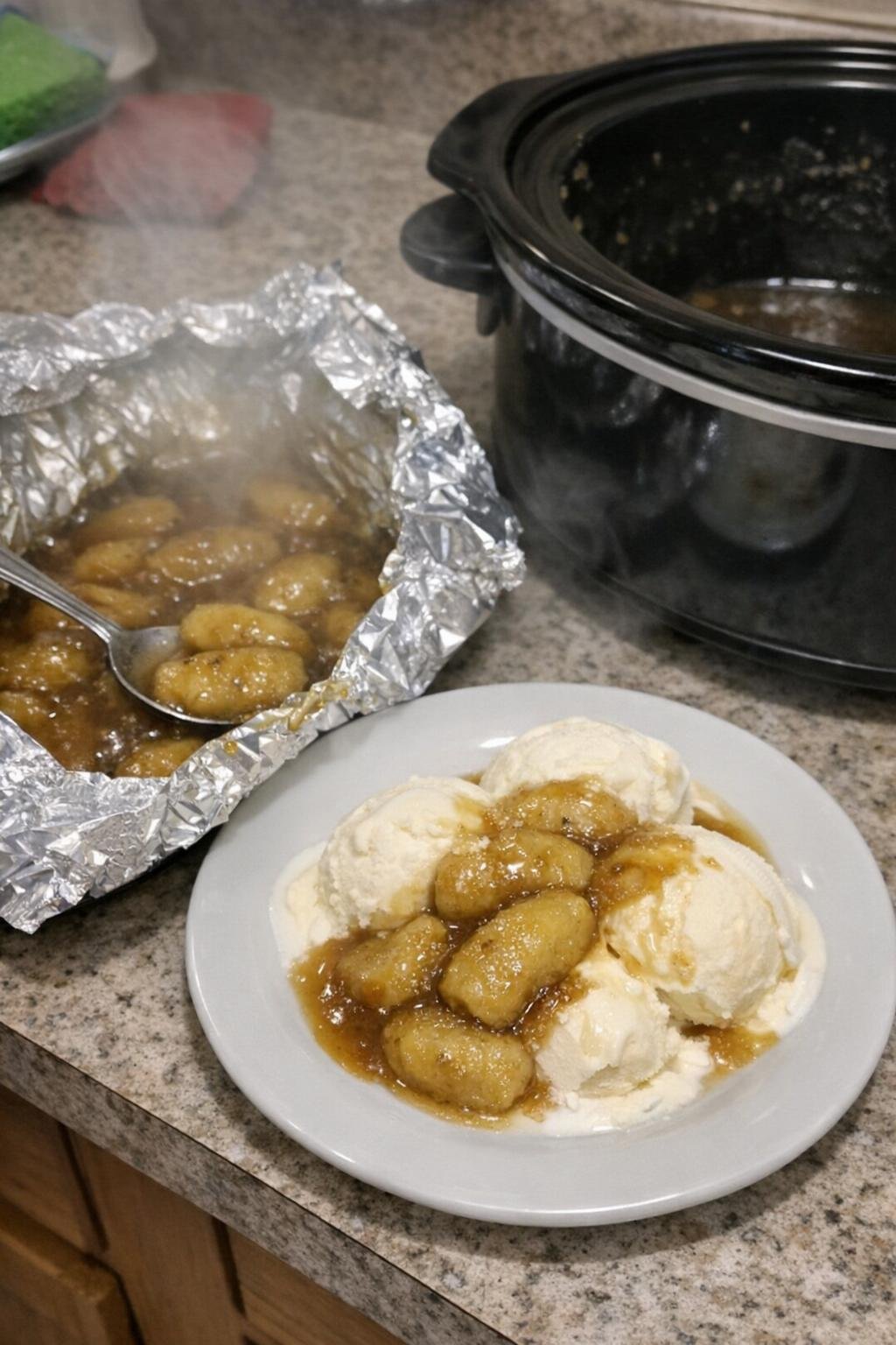 Foil-wrapped bananas foster with rum butter and vanilla ice cream