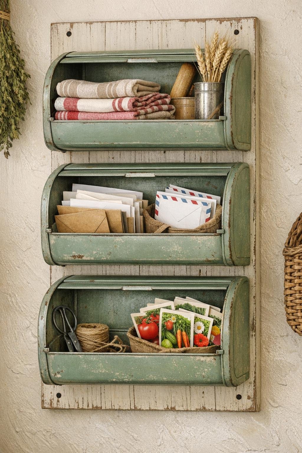 Finished vintage wall organizer made from three old metal bread boxes