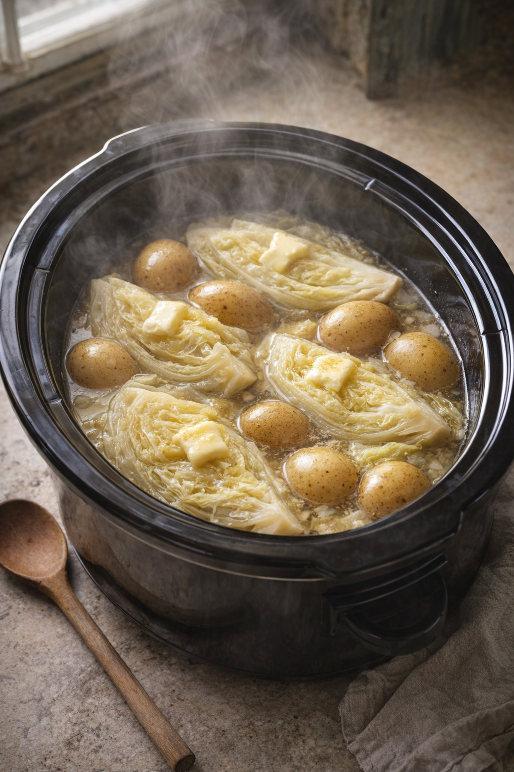 Slow cooker cabbage and potato boil in a farmhouse kitchen