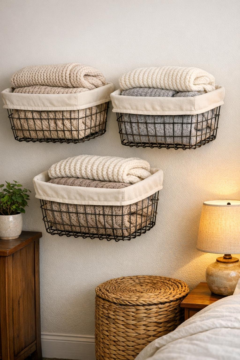 Finished wall-mounted sweater storage with fabric-lined wire bicycle baskets in a bedroom
