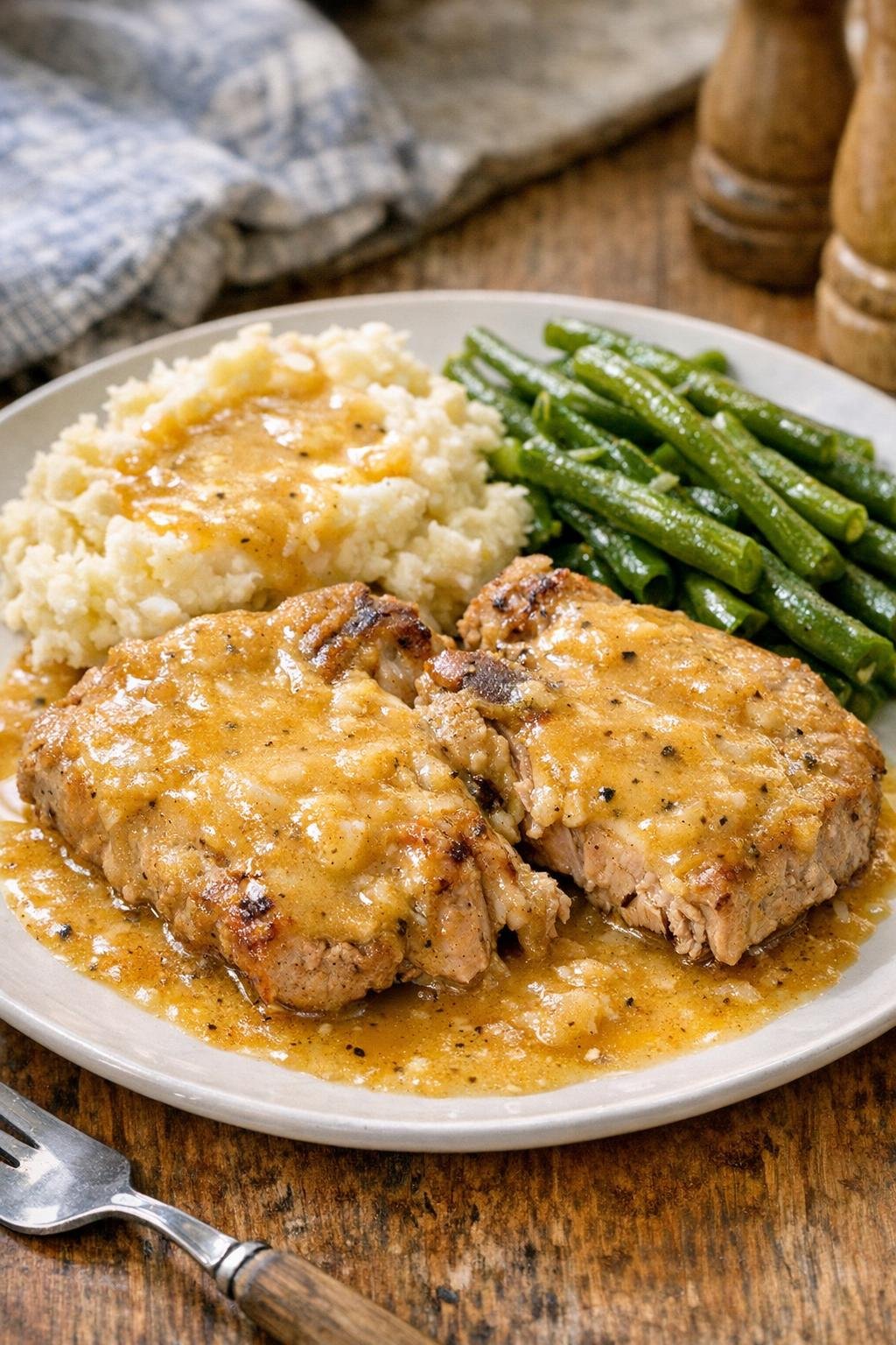 Finished slow cooker pork chops plated with creamy golden gravy
