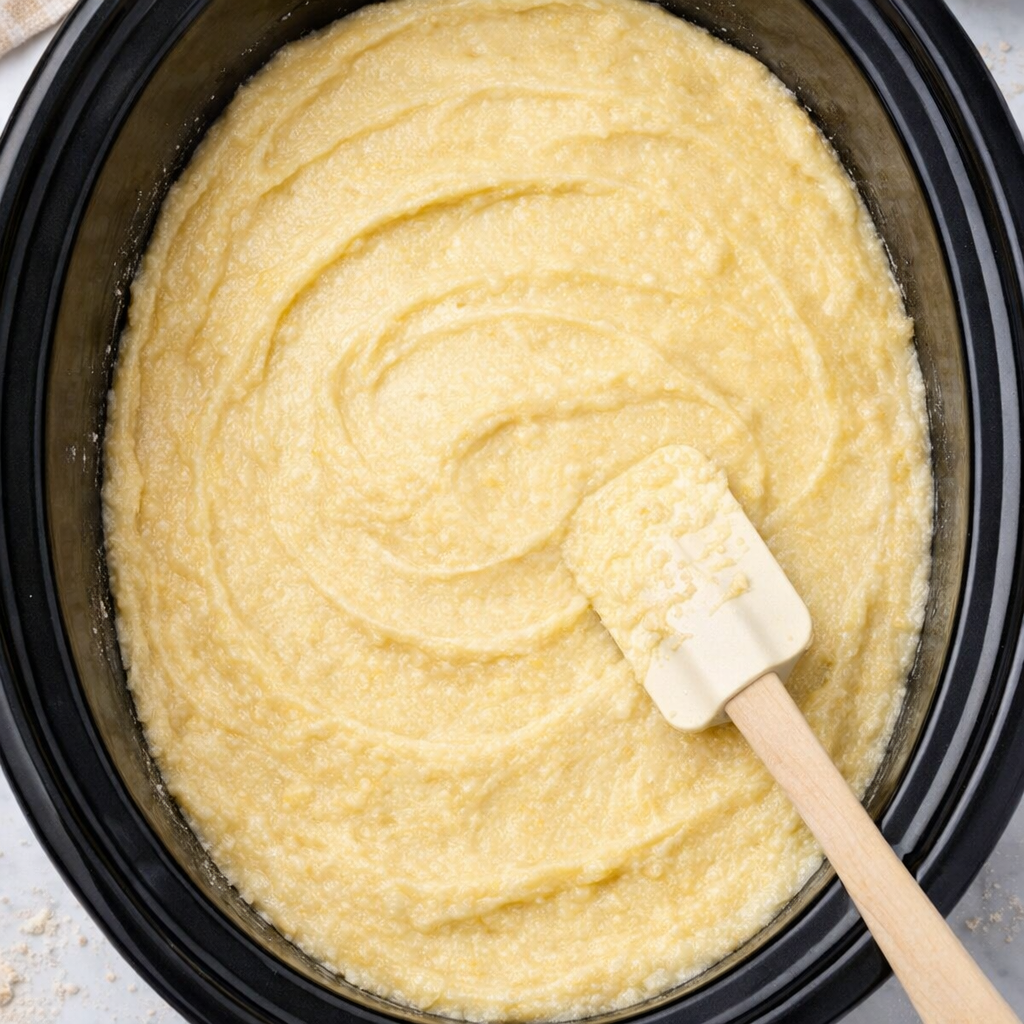 Cake batter spread in slow cooker crock