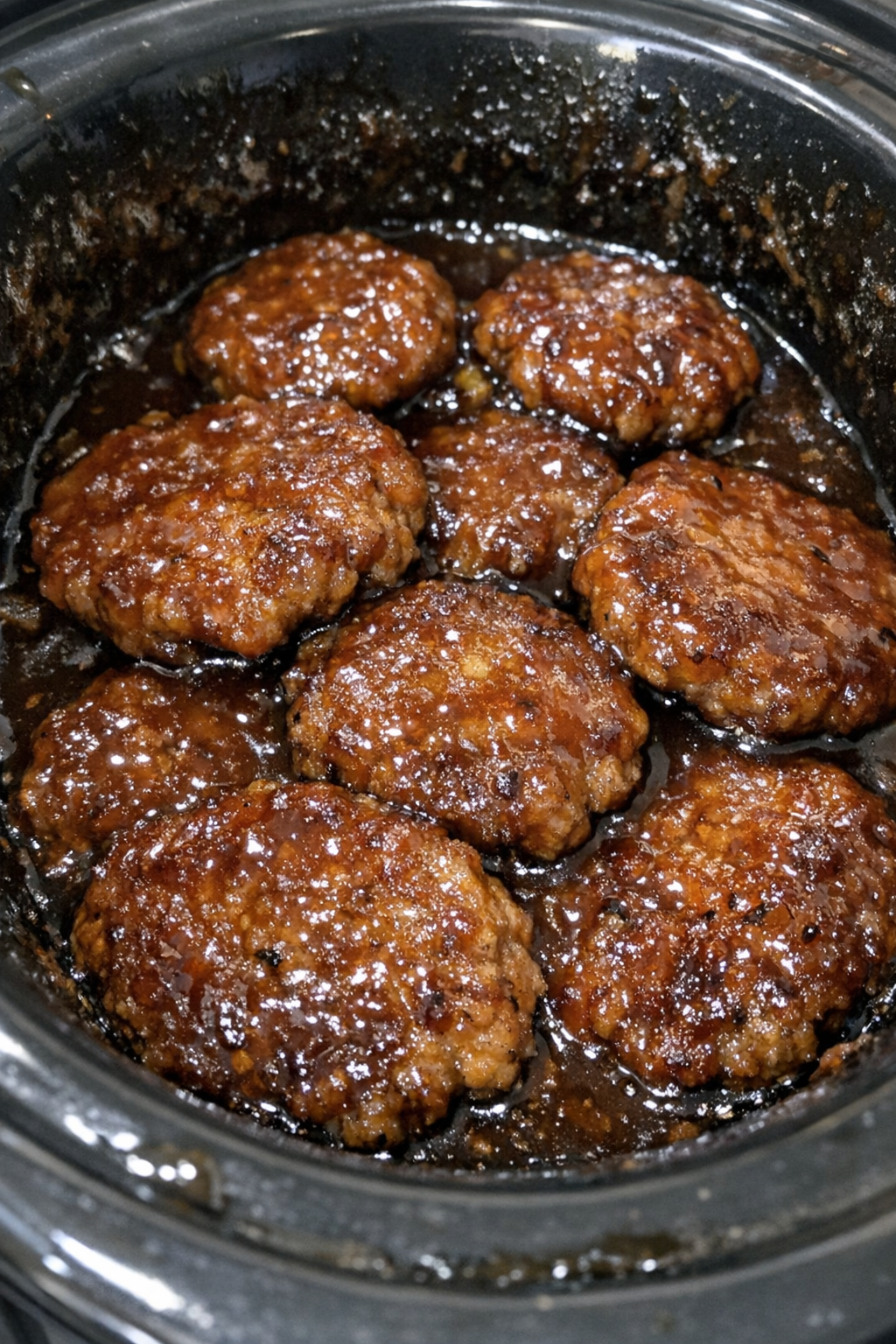 Slow cooker sausage patties in glossy amber sauce