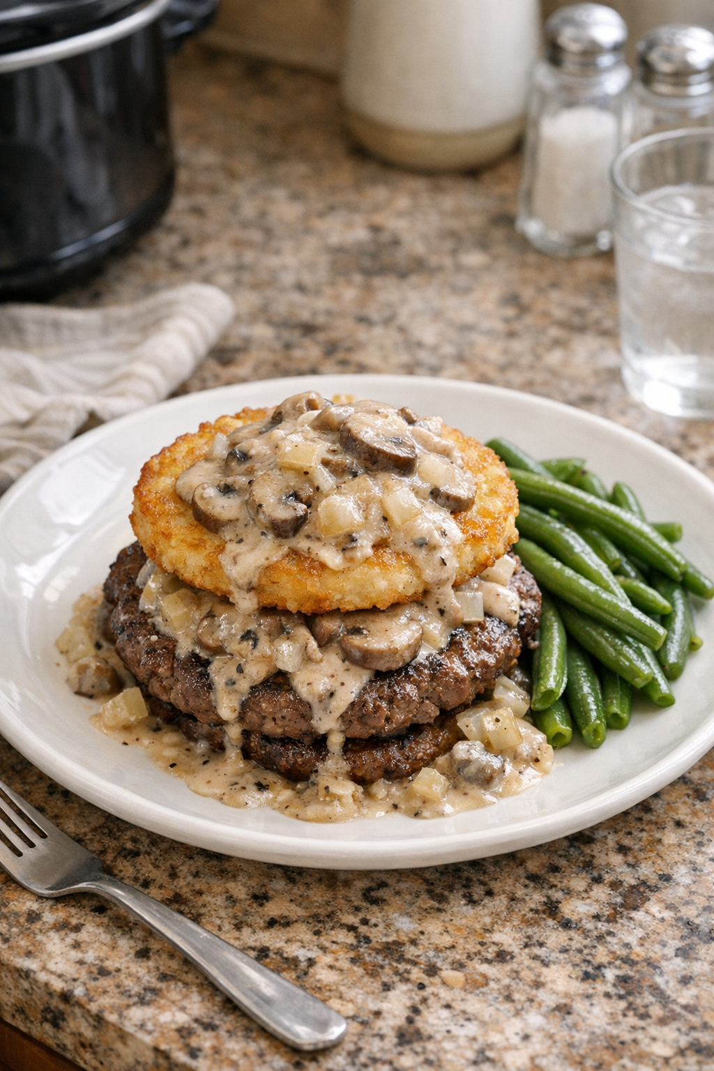 Finished hashbrown burgers plated with onions and sauce