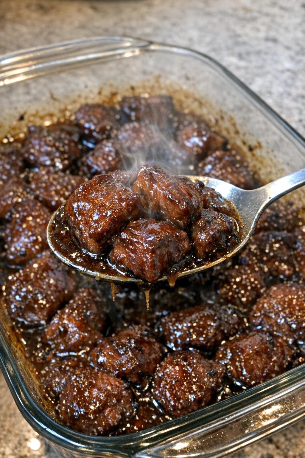 Tender savory beef bites in a glass casserole dish