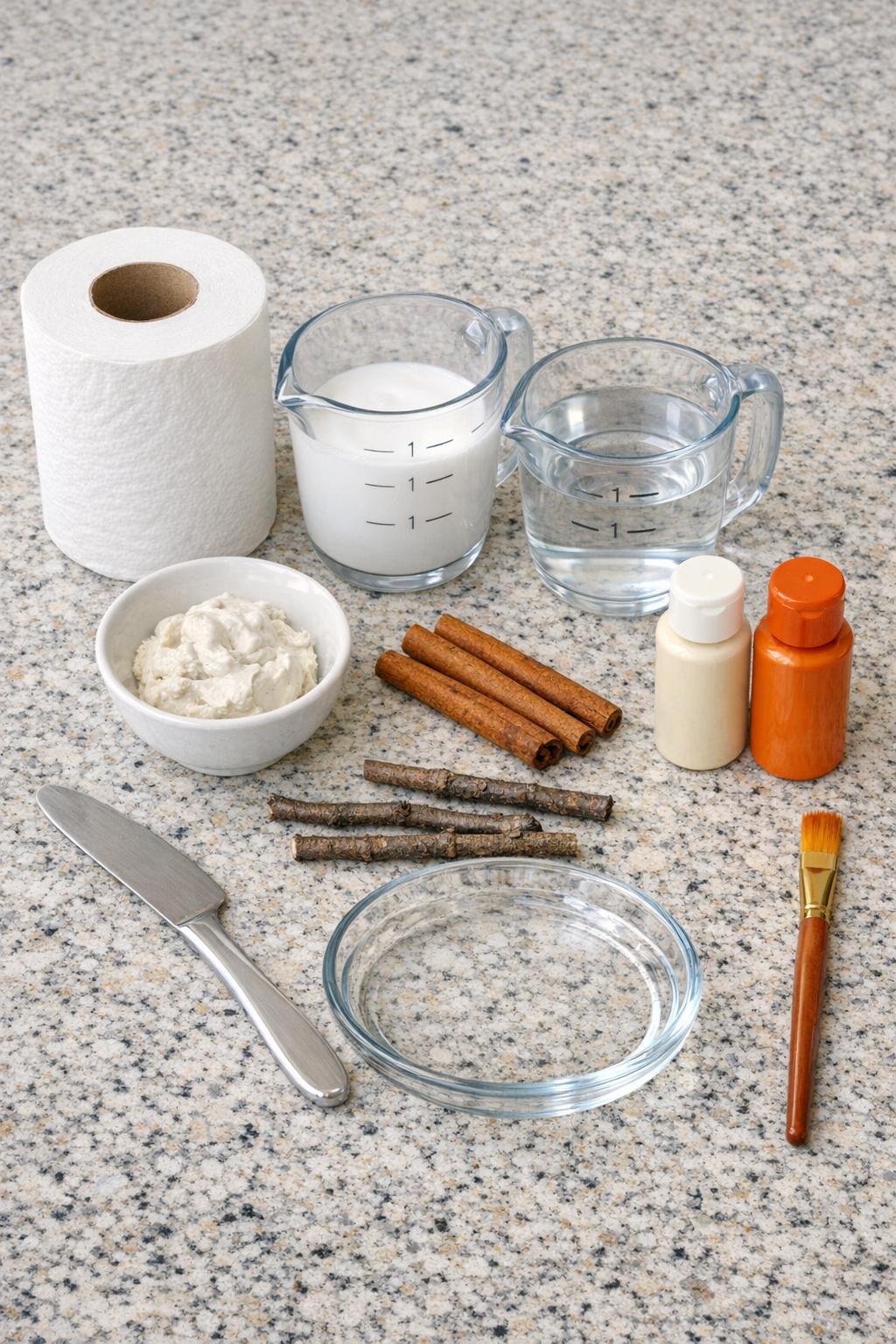 Materials for paper clay pumpkins laid out together