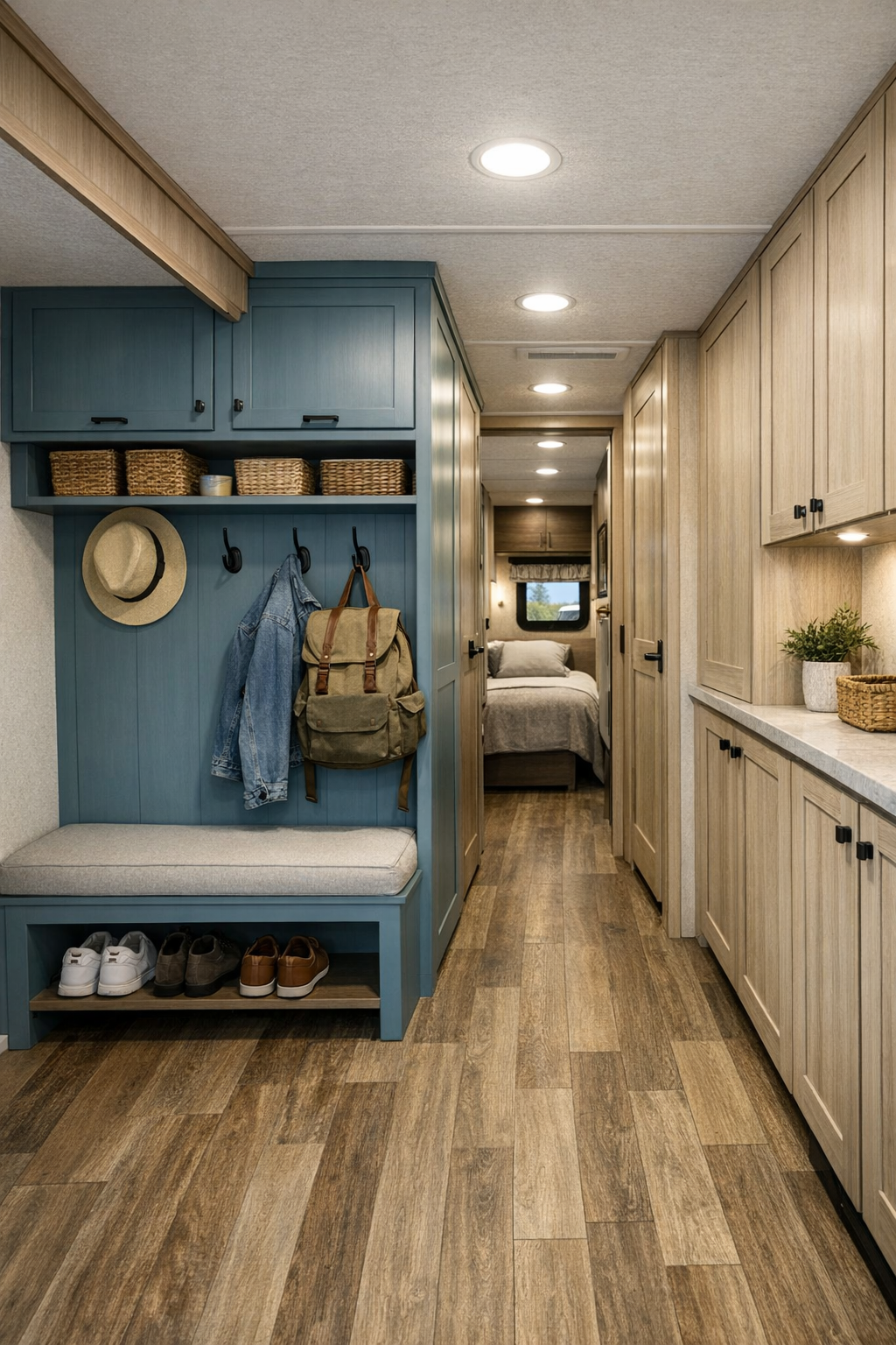 RV camper hallway and storage area with pale wood and blue built-ins