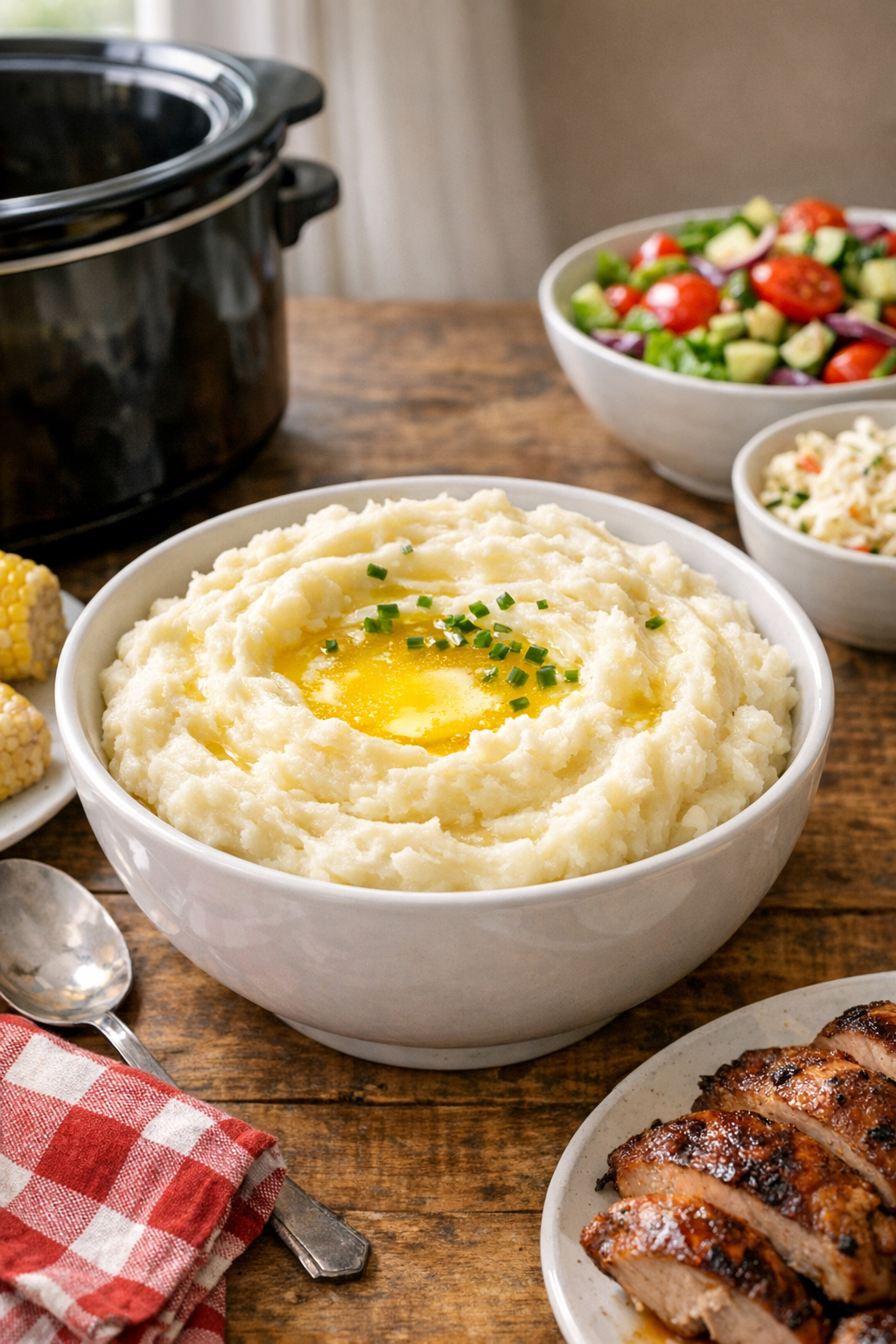 Creamy mashed potatoes plated in a serving bowl
