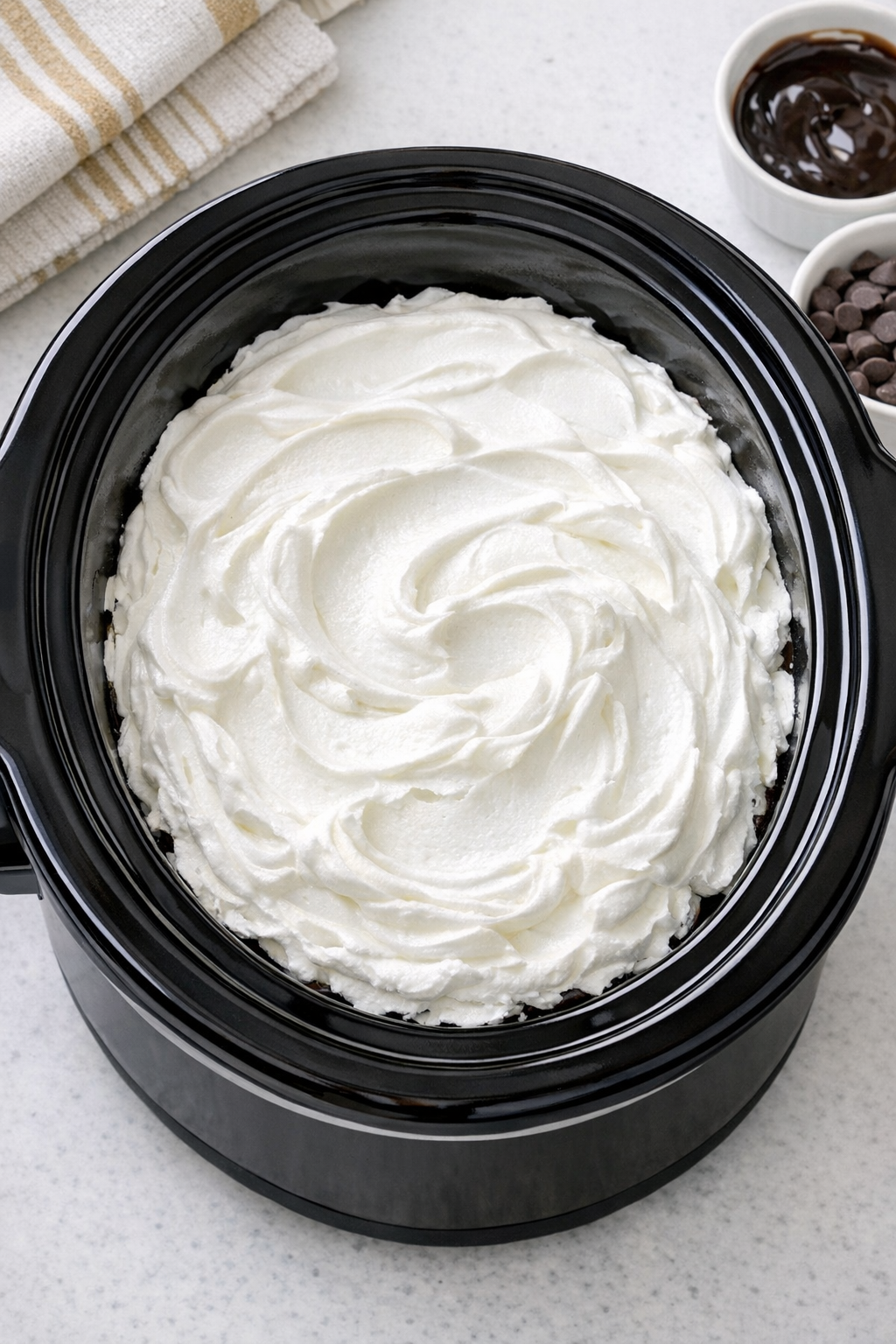 Layered dessert assembled in the slow cooker