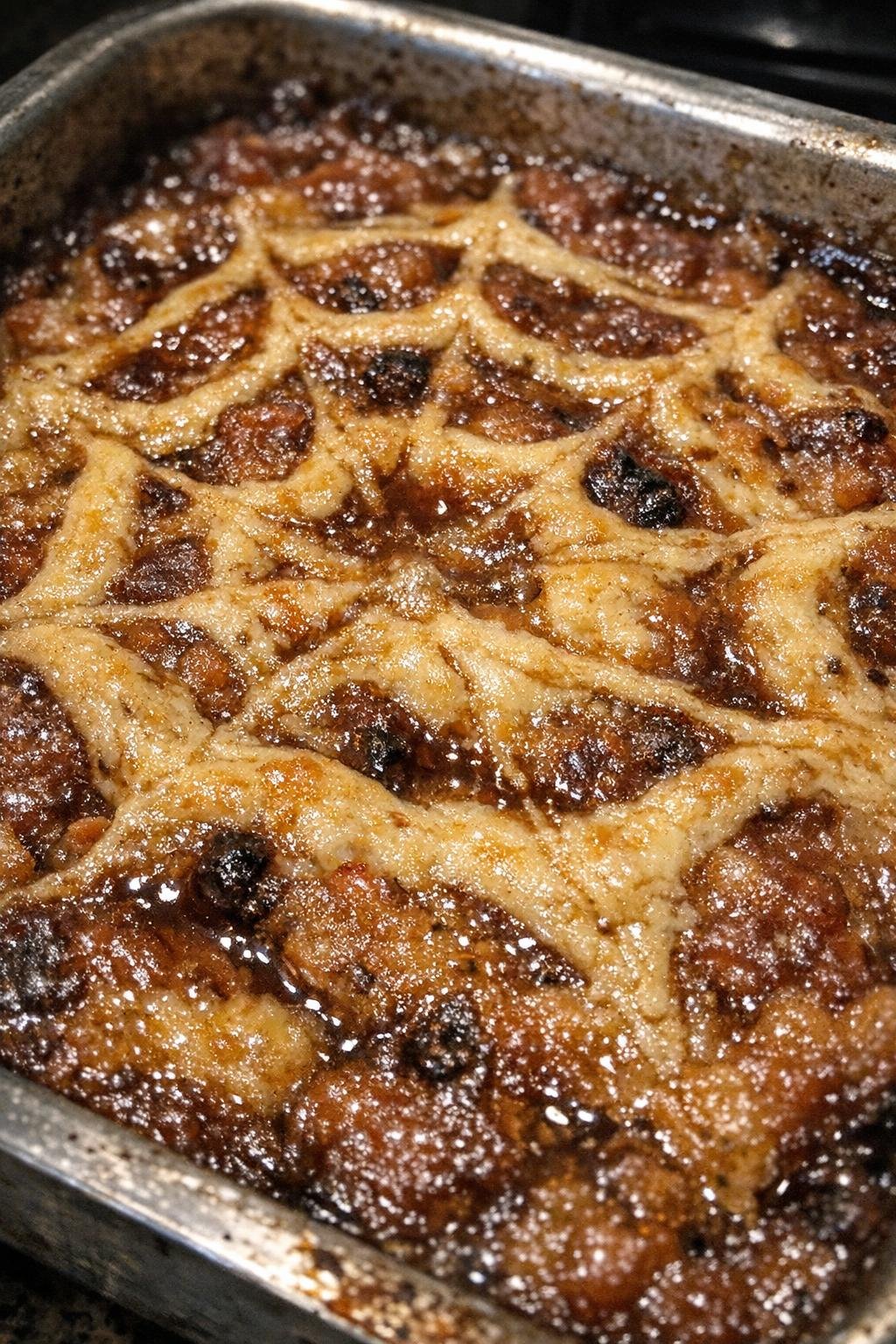 Bubbling baked supper in a metal pan