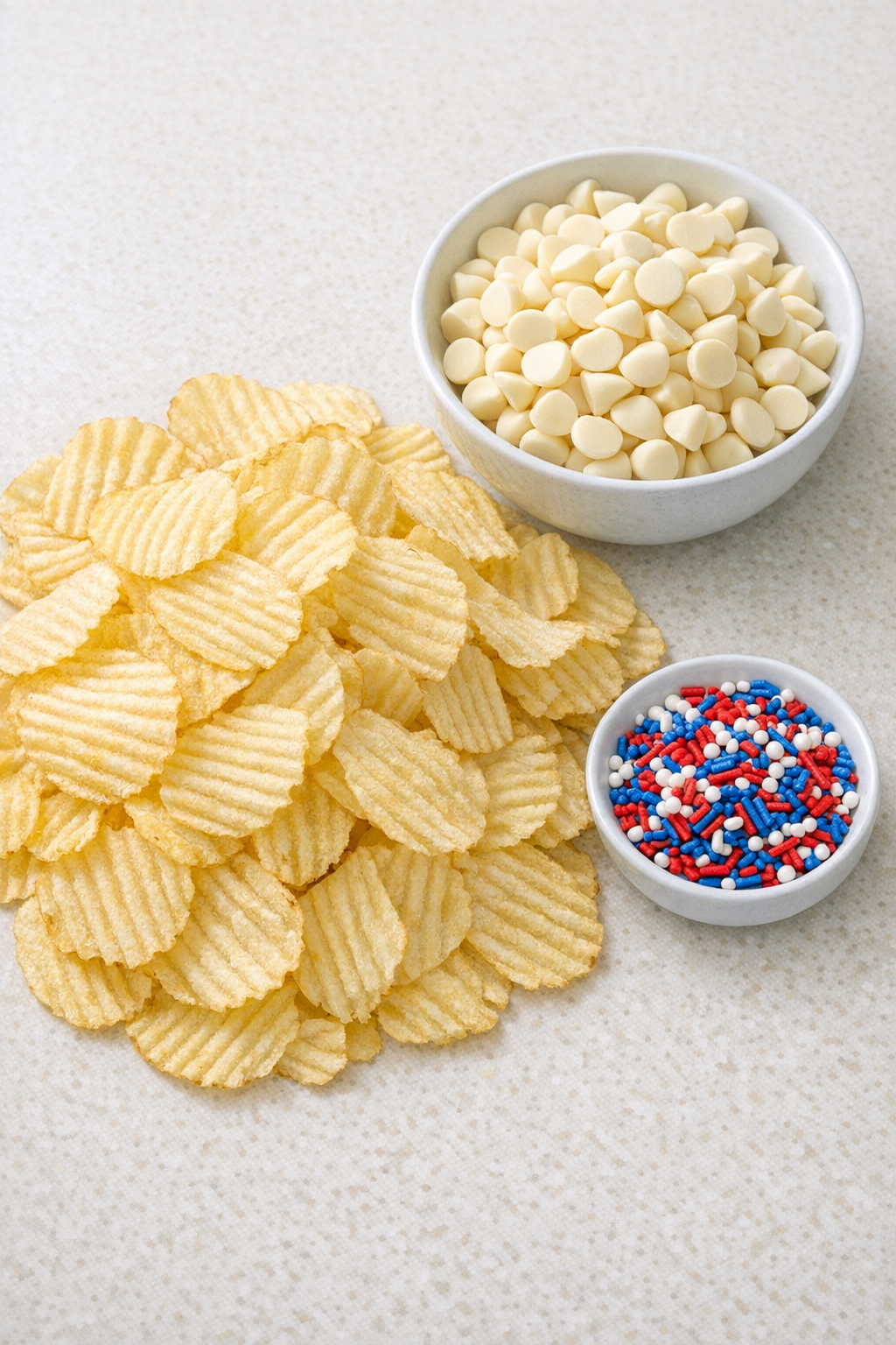 Potato chips, white chocolate, and patriotic sprinkles