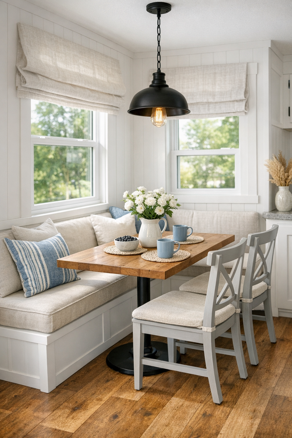 Cozy farmhouse dining nook with a small wood table and built-in seating