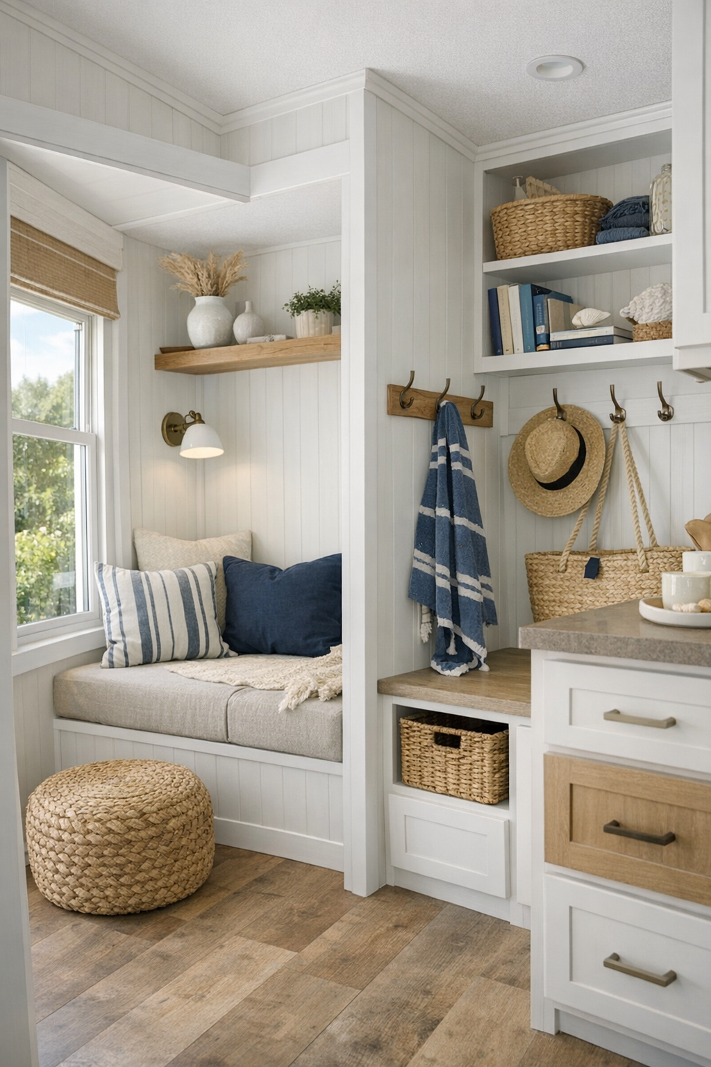 Thoughtful compact interior details with built-in storage, a reading nook, and coastal finishes