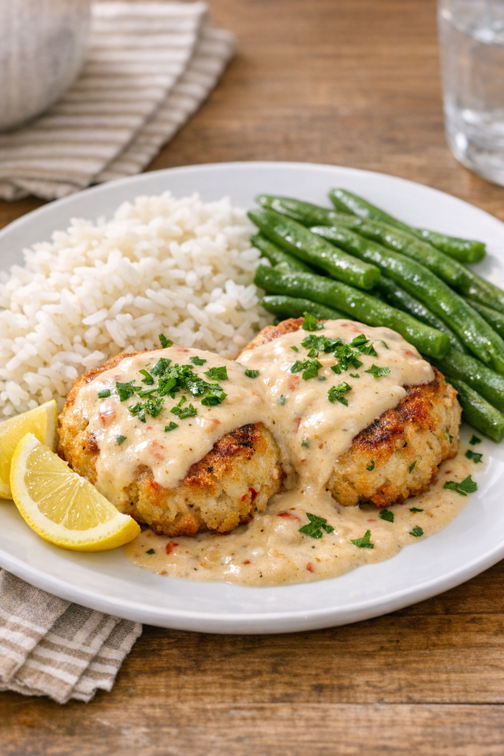Finished slow cooker crab cakes plated with creamy sauce