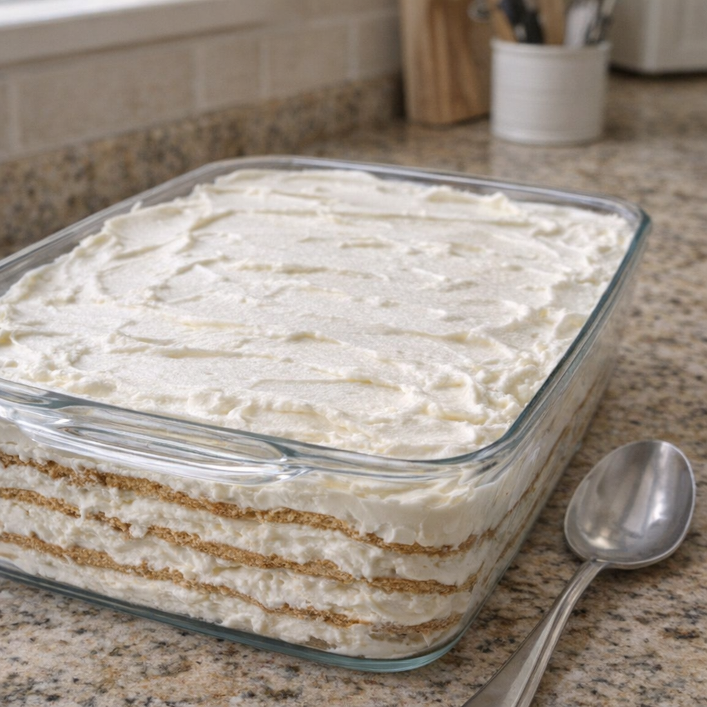 Glass dish of icebox cake on a kitchen counter