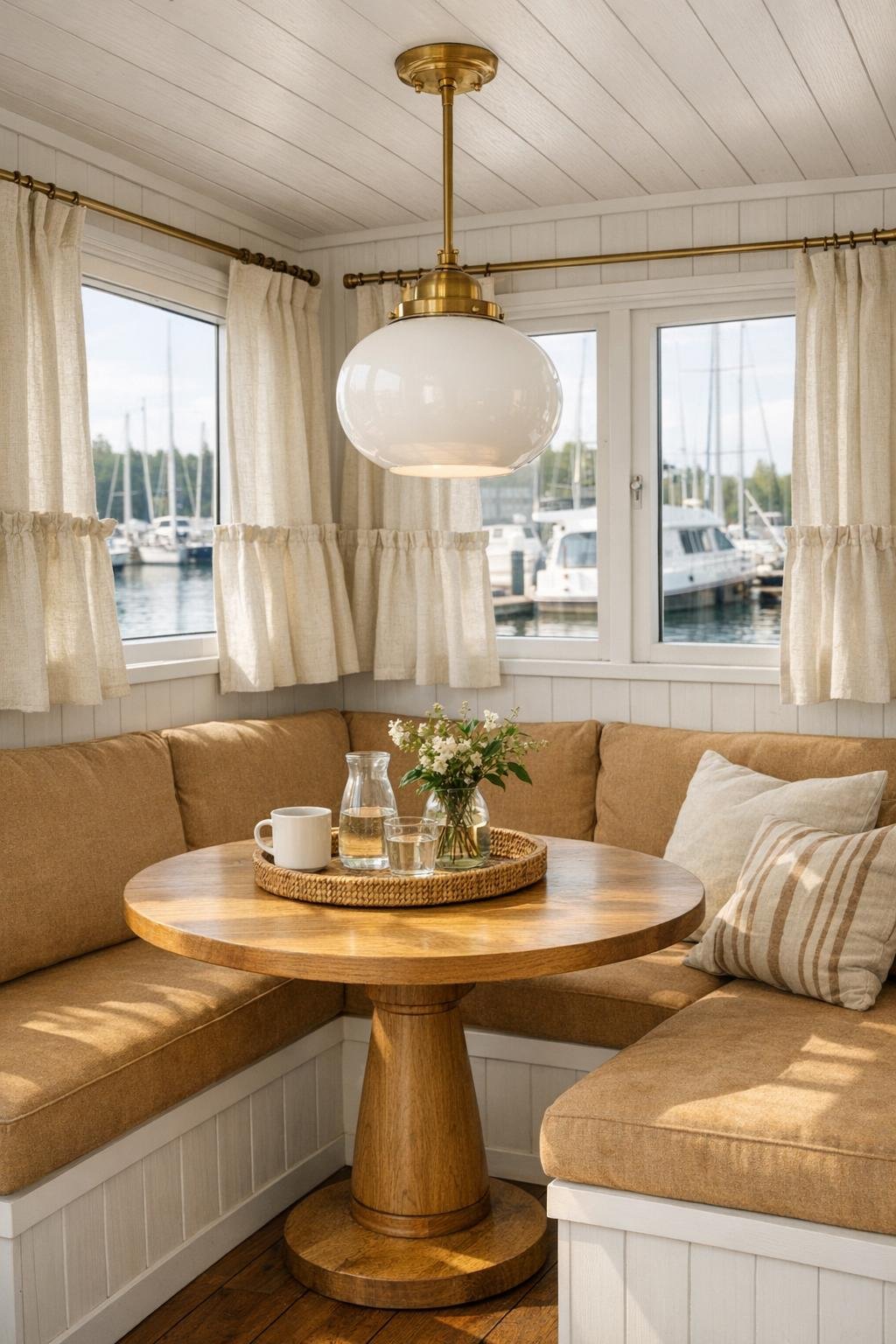 Houseboat dining nook with banquette seating and oak pedestal table