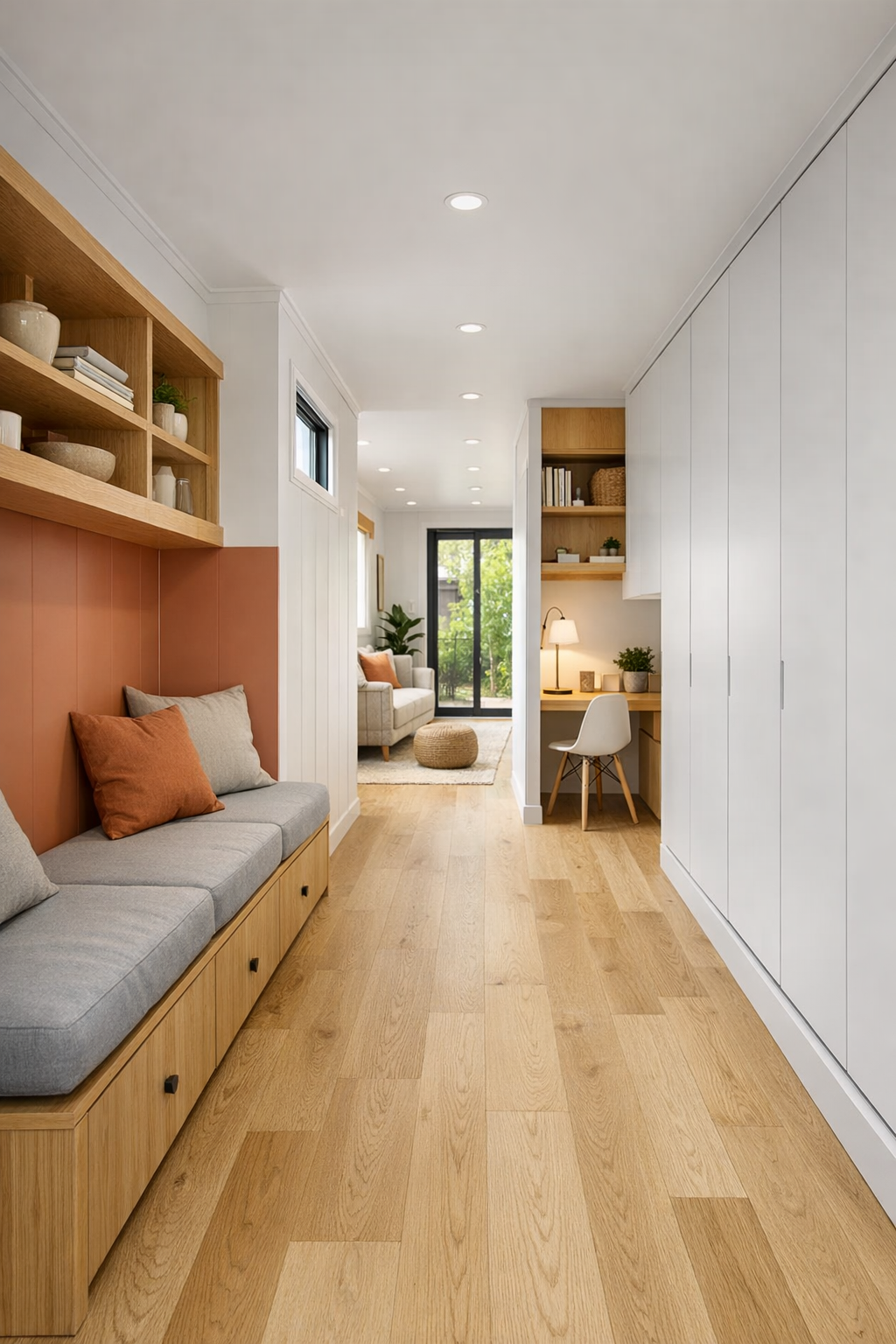 Bright hallway and flex area with built-in storage in a modern container home