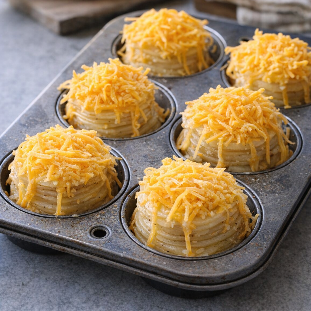 Unbaked potato stacks topped with cheddar