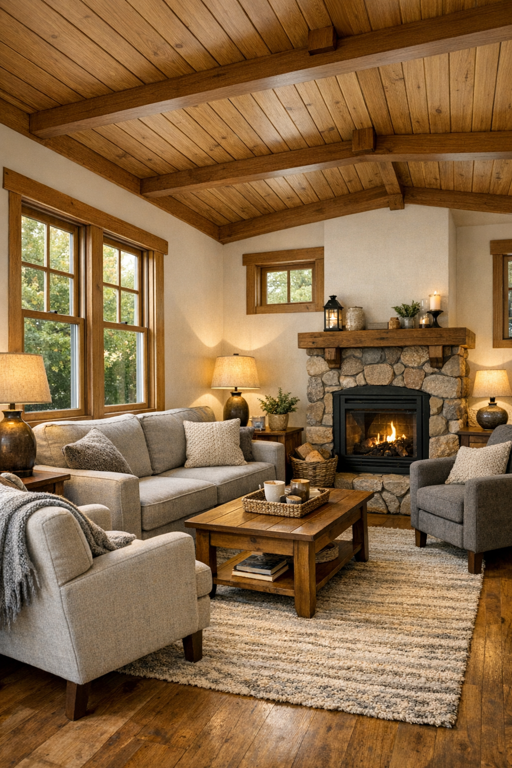 Cozy craftsman-style living room with warm wood ceiling and stone fireplace
