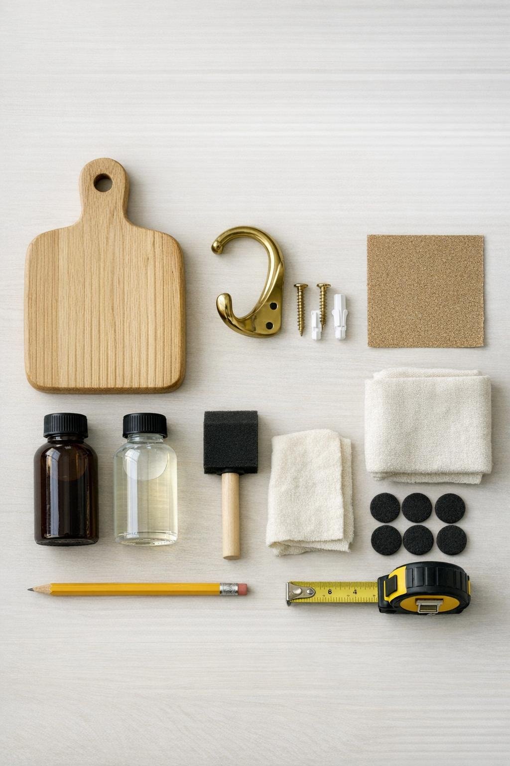 Materials for a wooden board and brass hook headphone stand laid out neatly