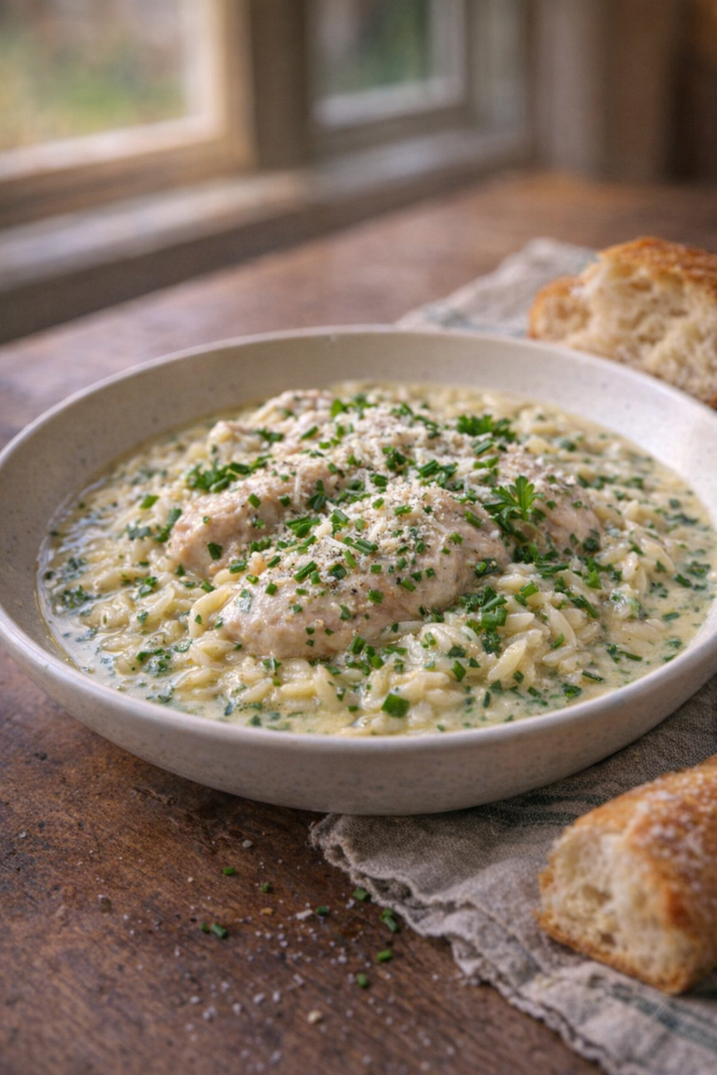 Bowl of creamy chicken orzo finished with herbs and Parmesan