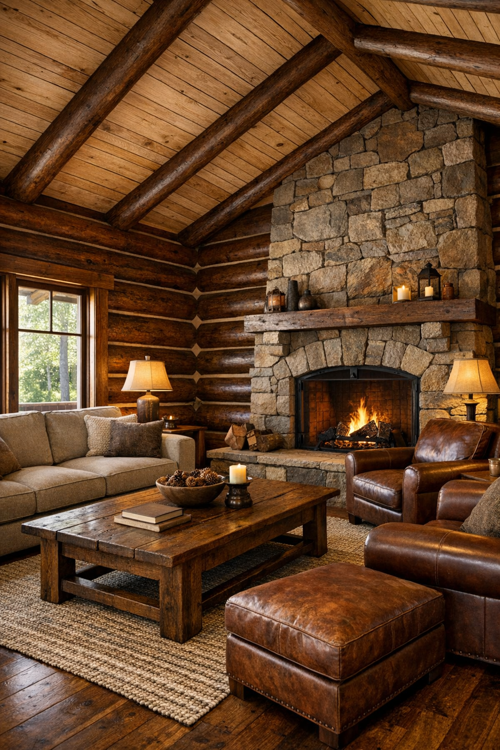Warm log home living room with stone fireplace and layered seating