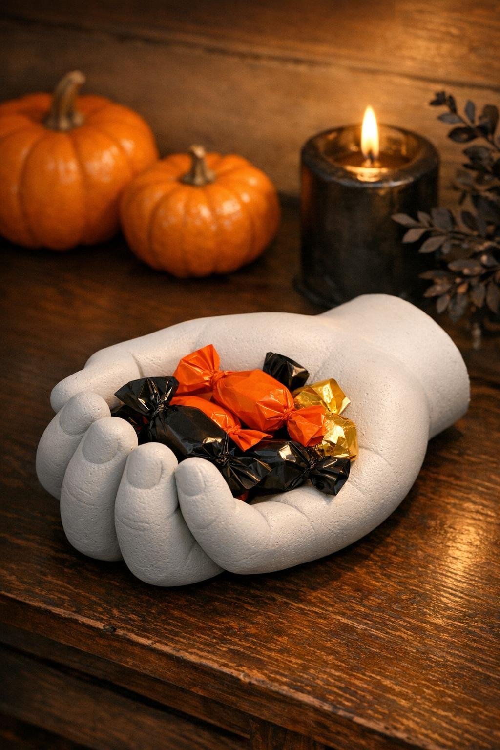 Finished skeleton hand candy dish made from a concrete-filled rubber glove