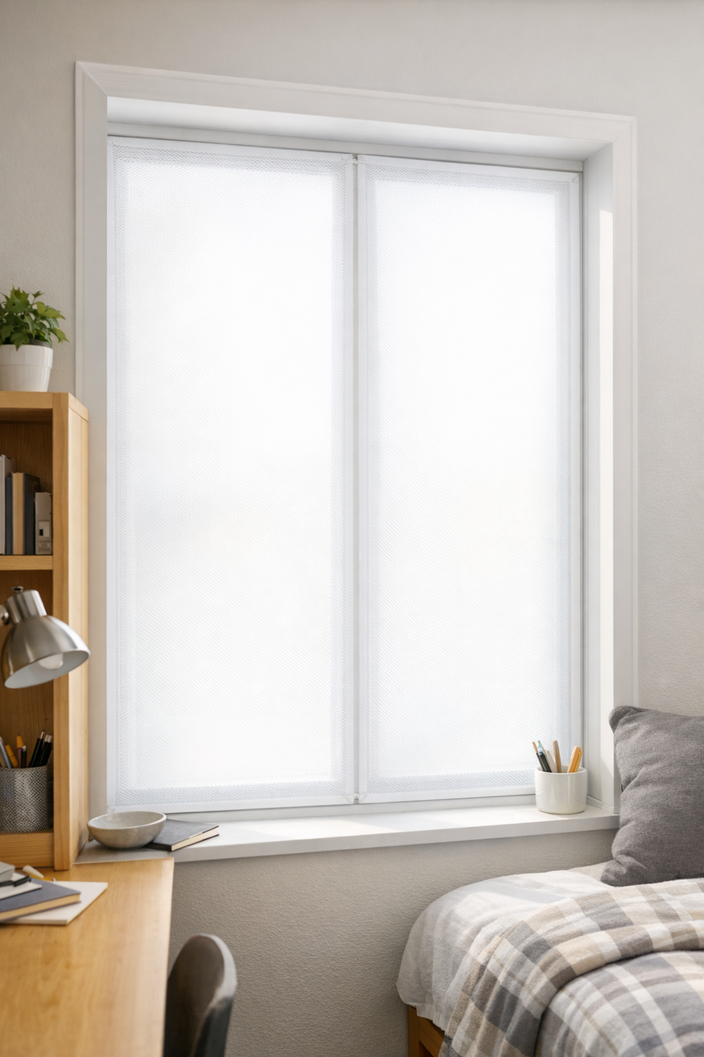 Finished frosted dorm window panels made from ironed plastic mesh laundry bags