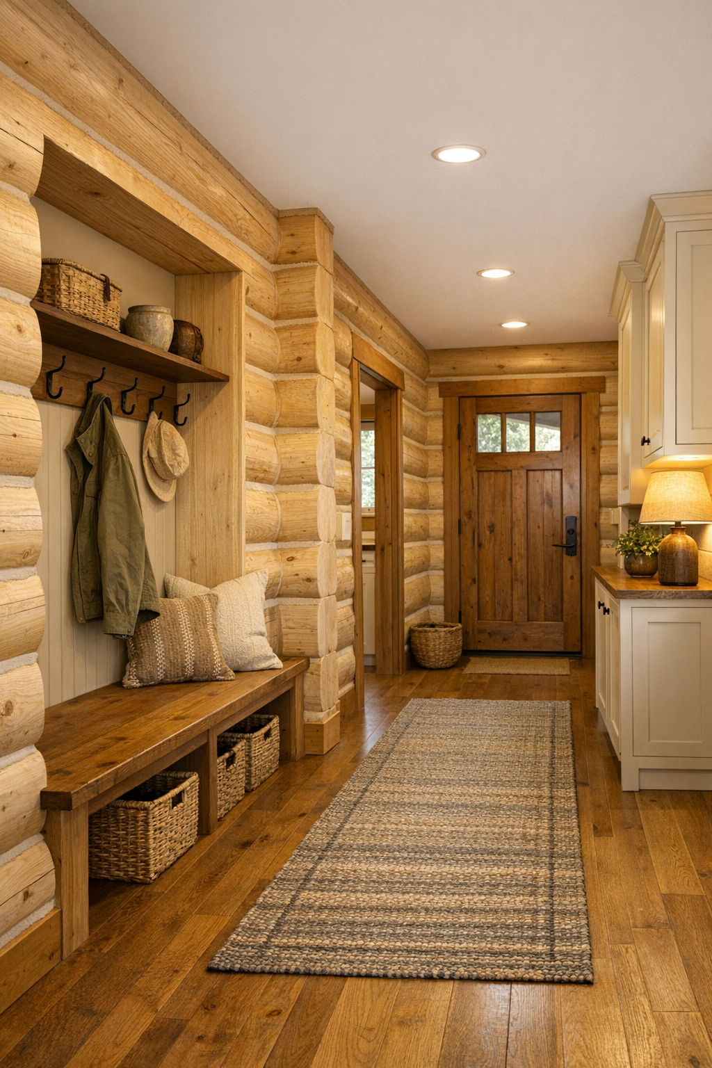 Thoughtful log home entry and hallway with built-in bench and warm wood details