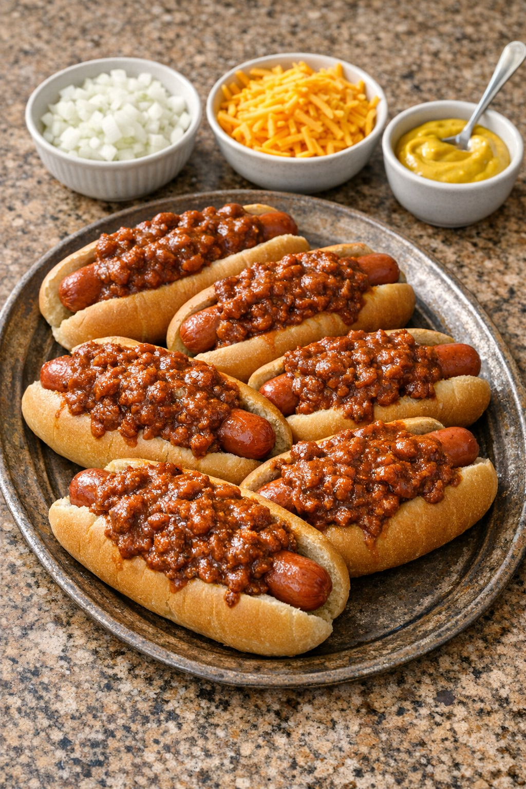 Finished chili dogs on buns with toppings on a rustic platter
