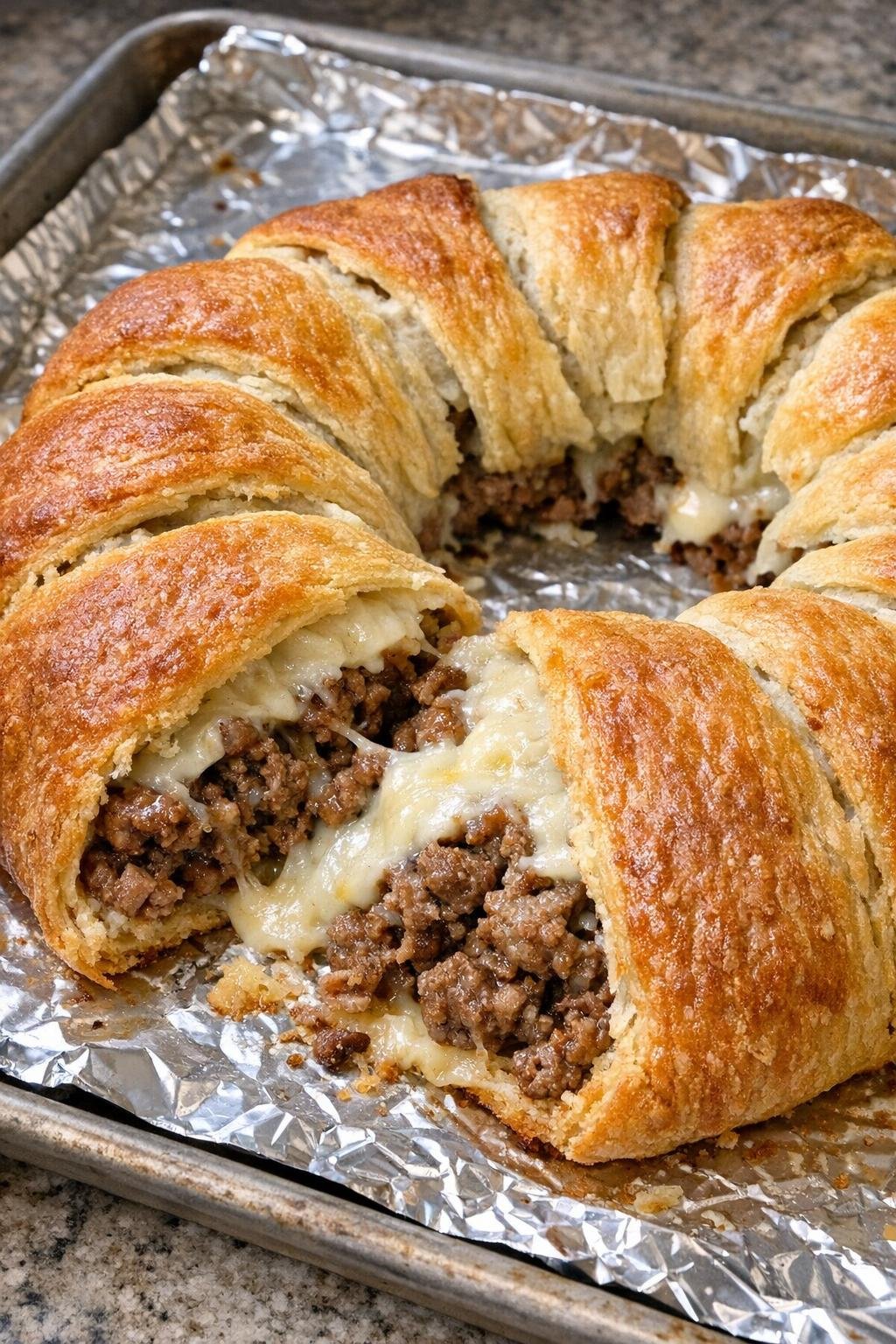 Finished beef crescent wreath fresh from the oven