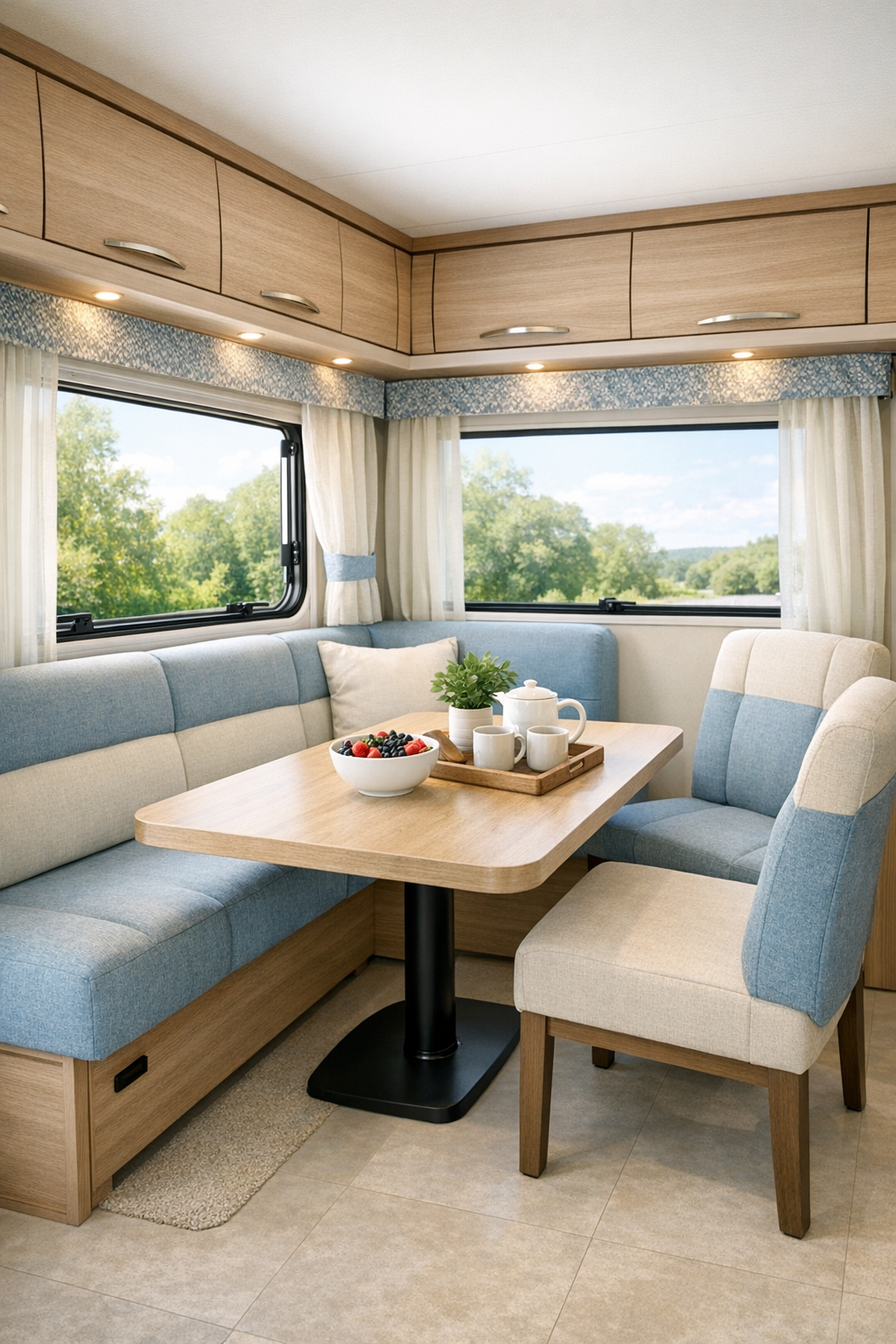 Cozy RV dining nook with light wood table and upholstered seating