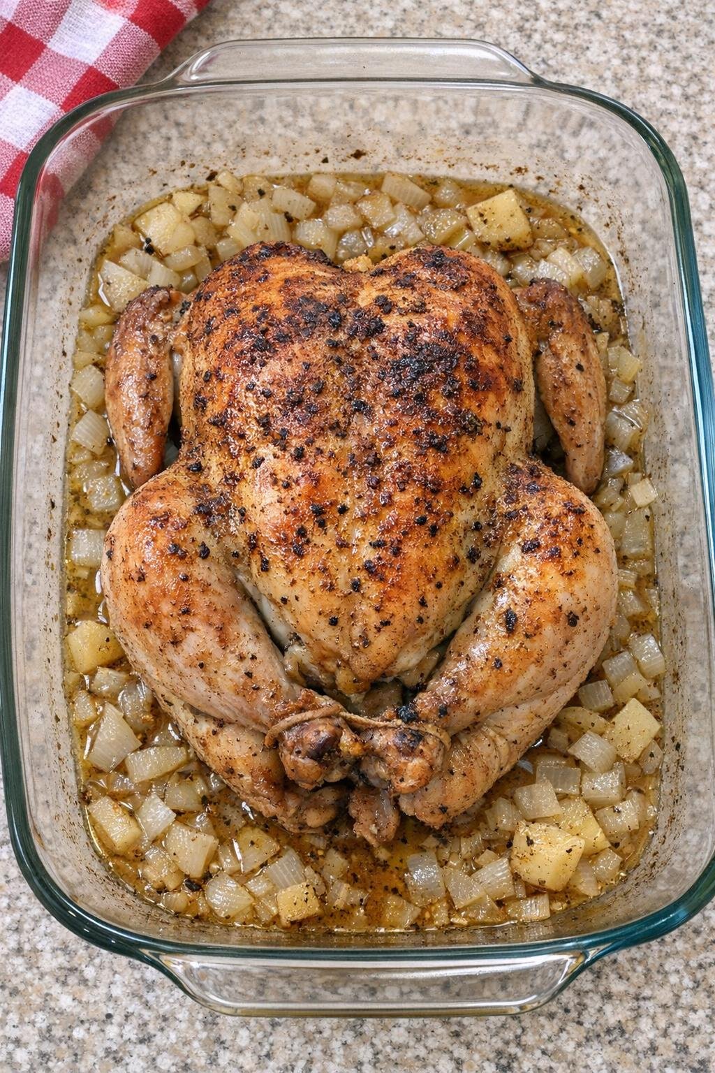 Finished roasted whole chicken in glass casserole dish
