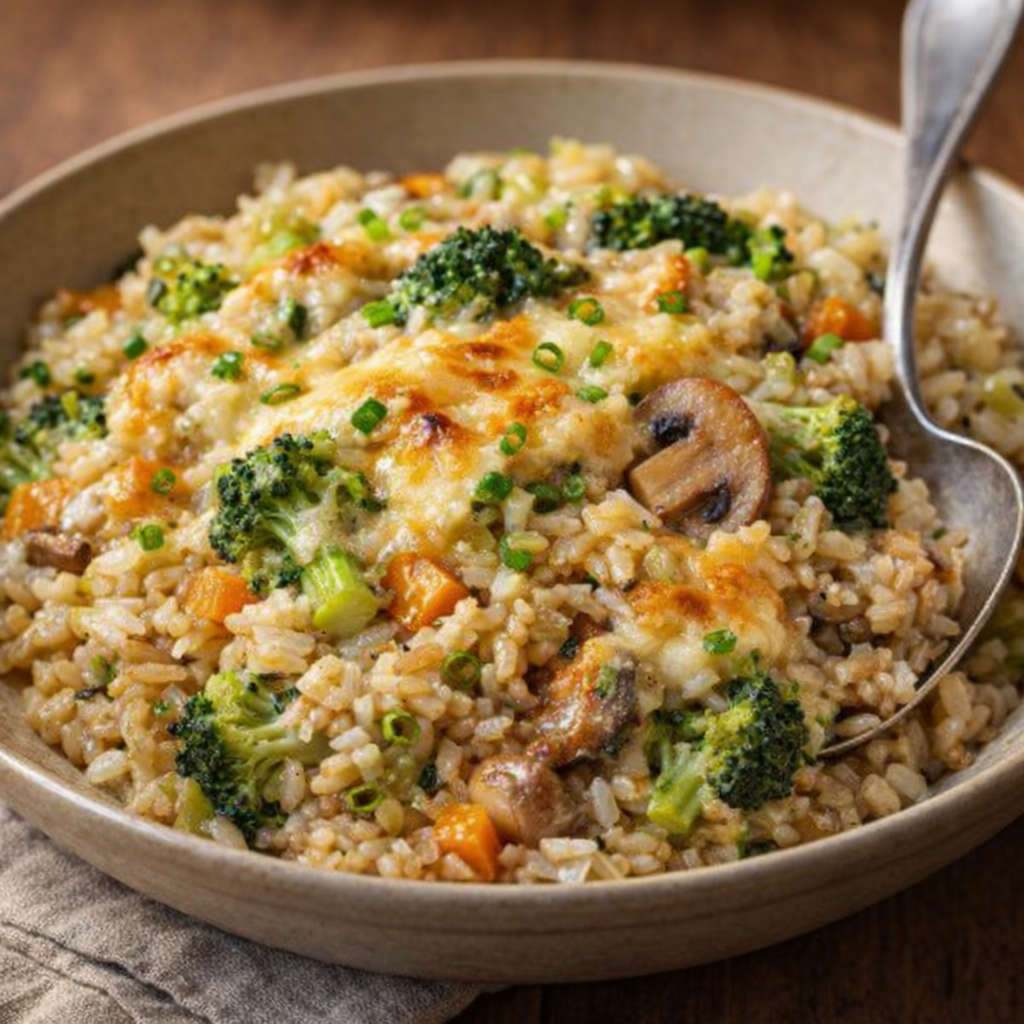Bowl of casserole variation with brown rice and extra vegetables