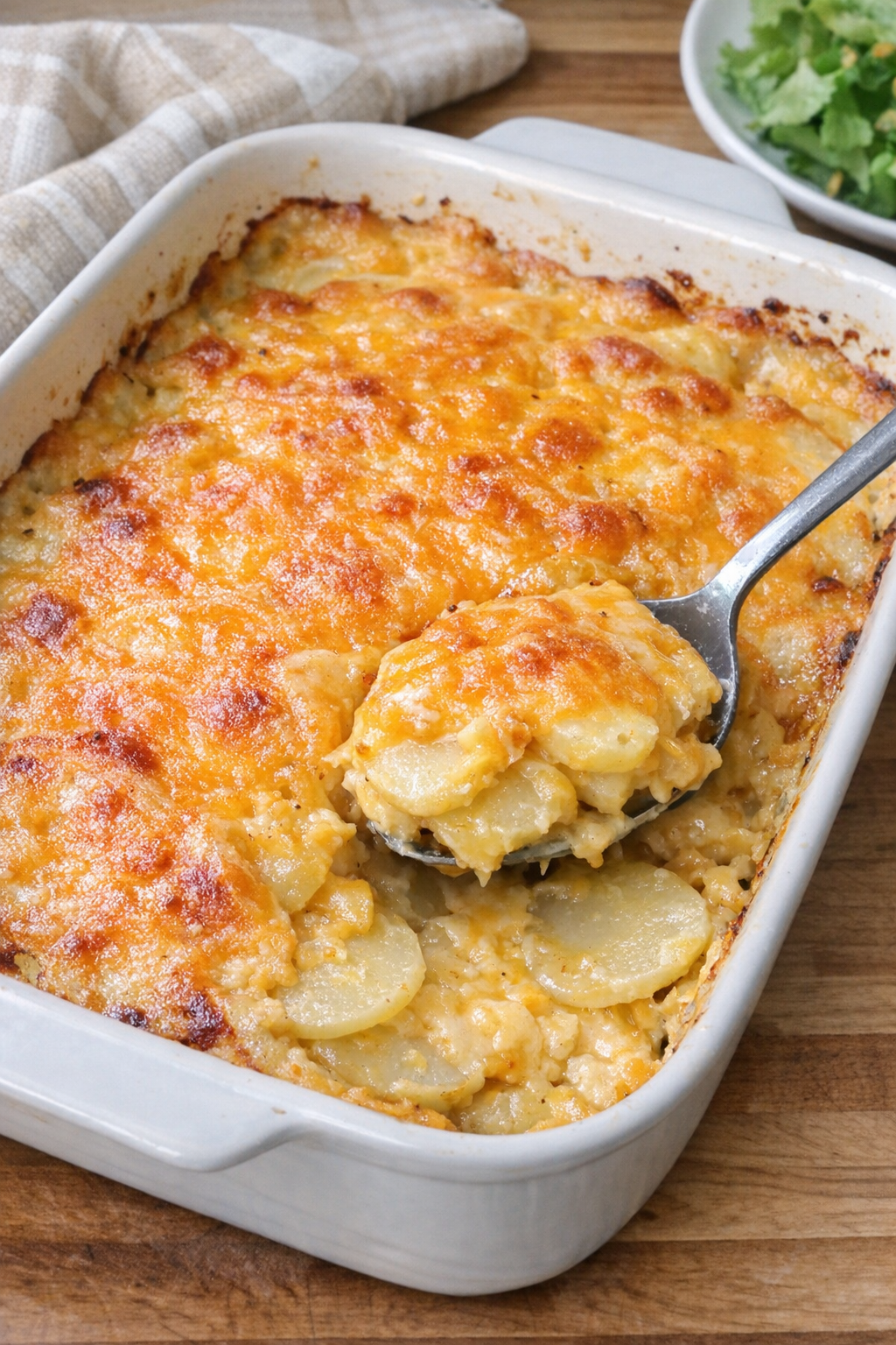 Finished cheddar potato bake in casserole dish