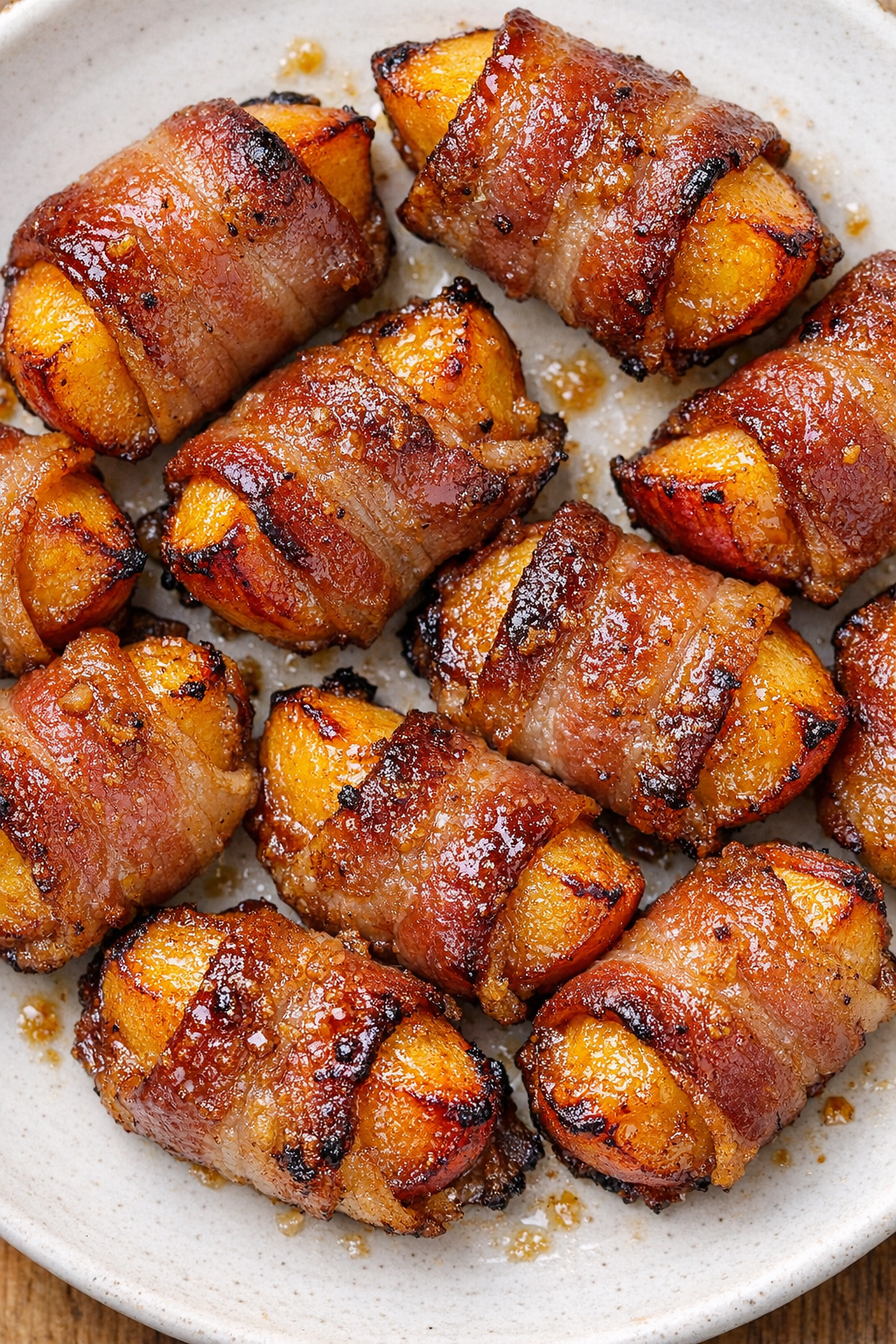 Southern 3-ingredient bacon wrapped peaches on a white plate