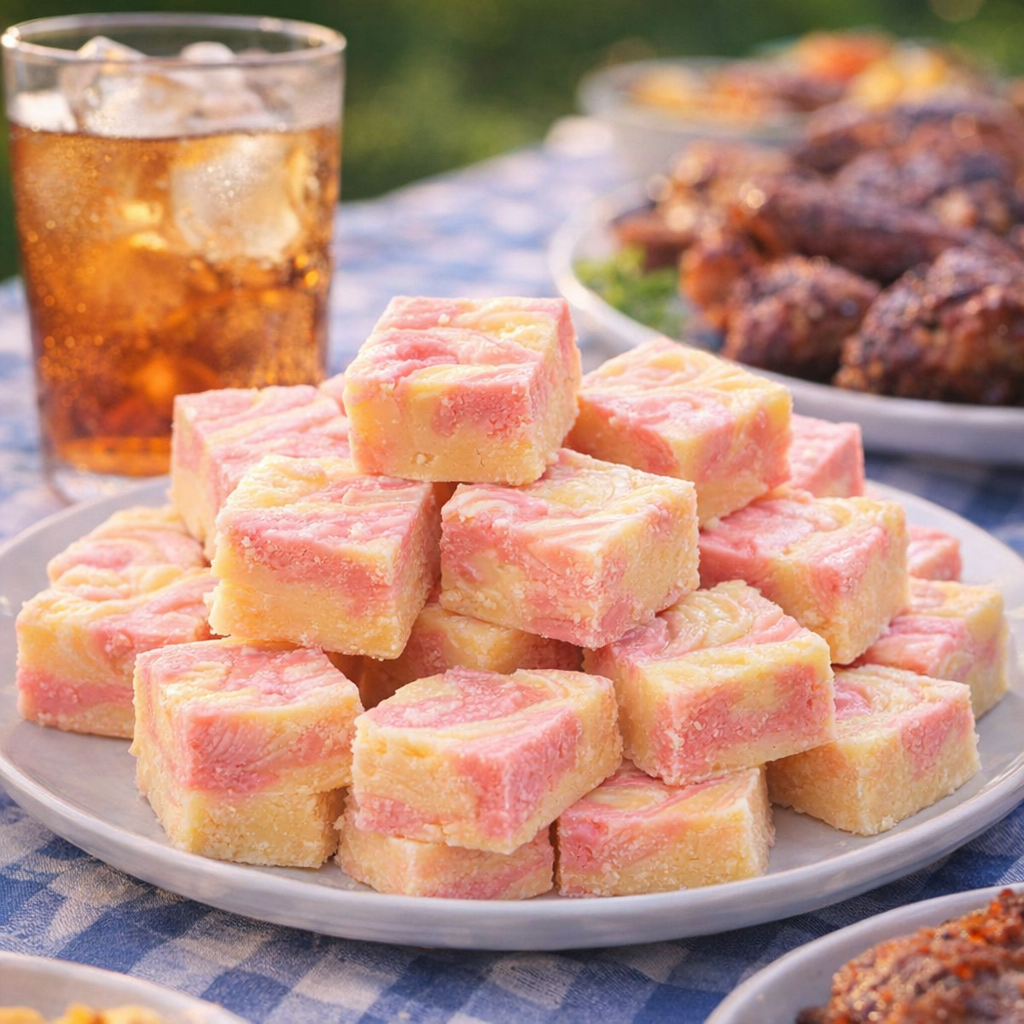 Plate of fudge squares served for a summer gathering