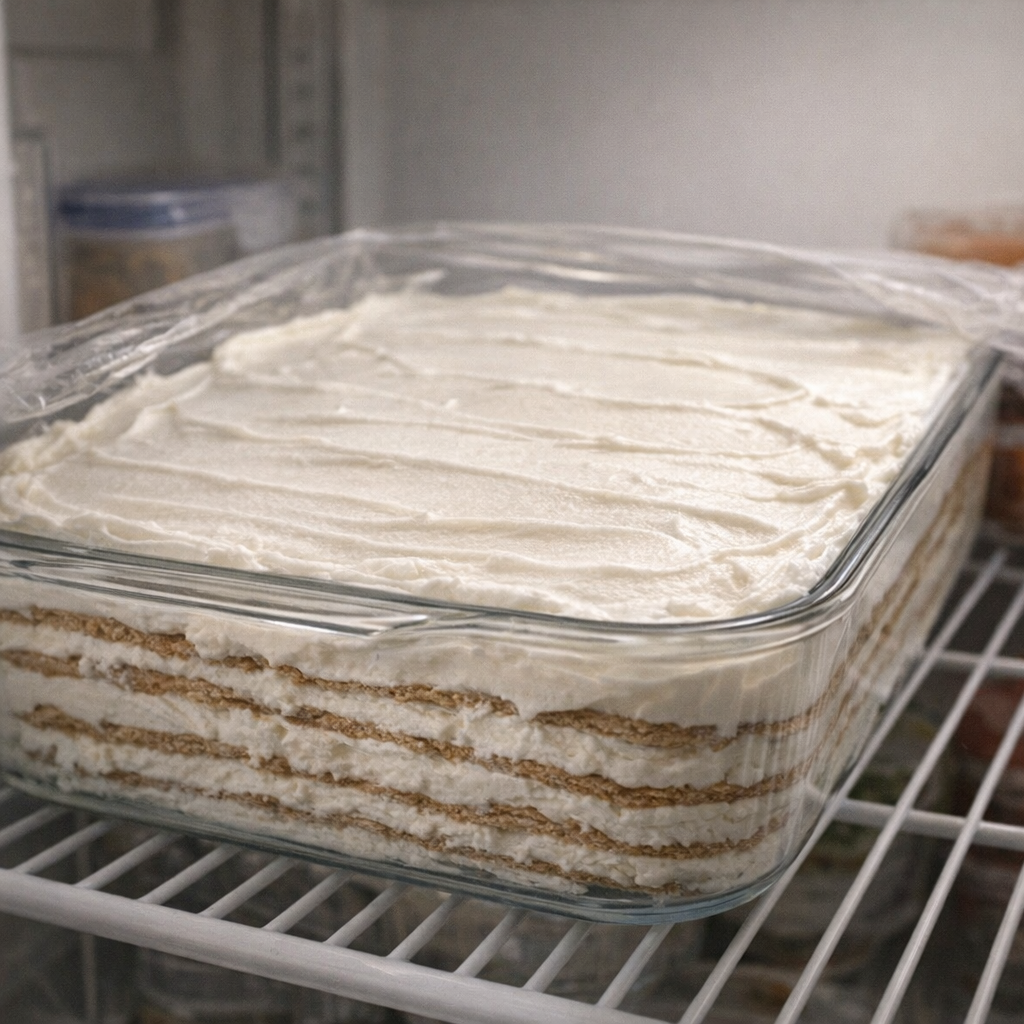 Layered icebox cake ready to chill in refrigerator