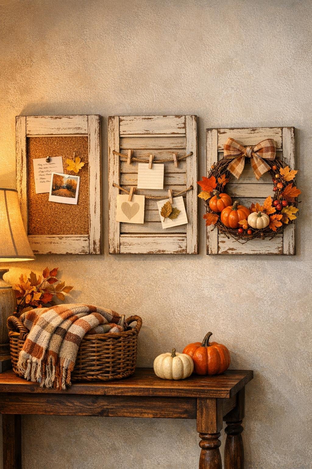 Finished autumn memo board set made from old wooden shutters displayed in a cozy home entry