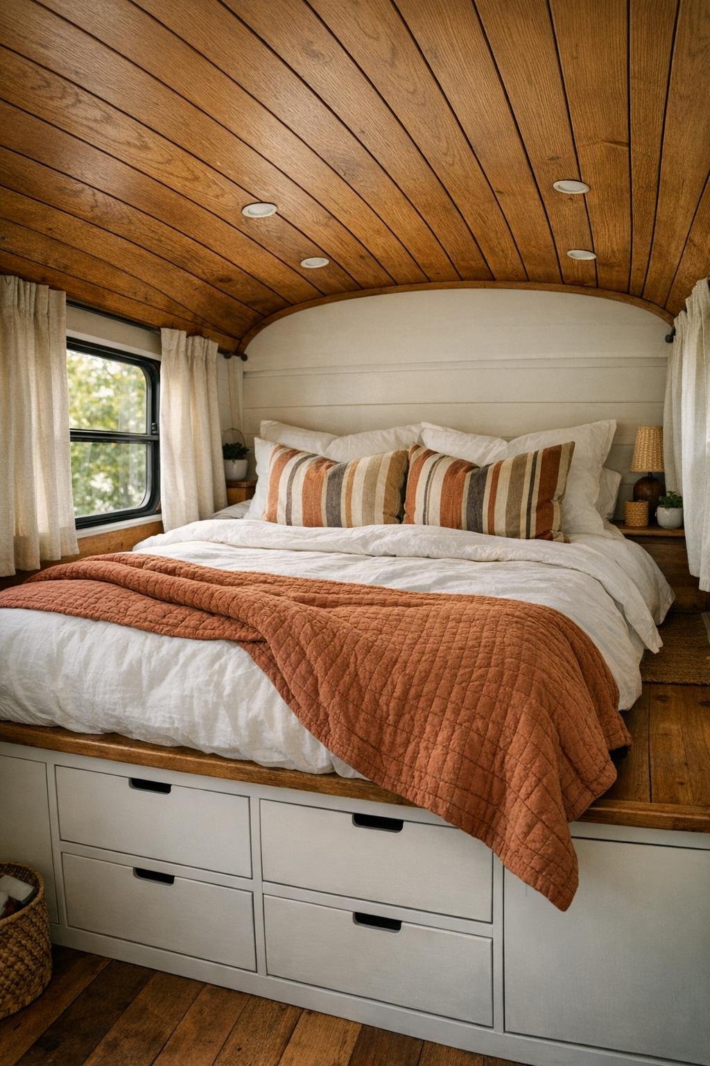 Warm bus bedroom with platform bed, white bedding, and wood ceiling
